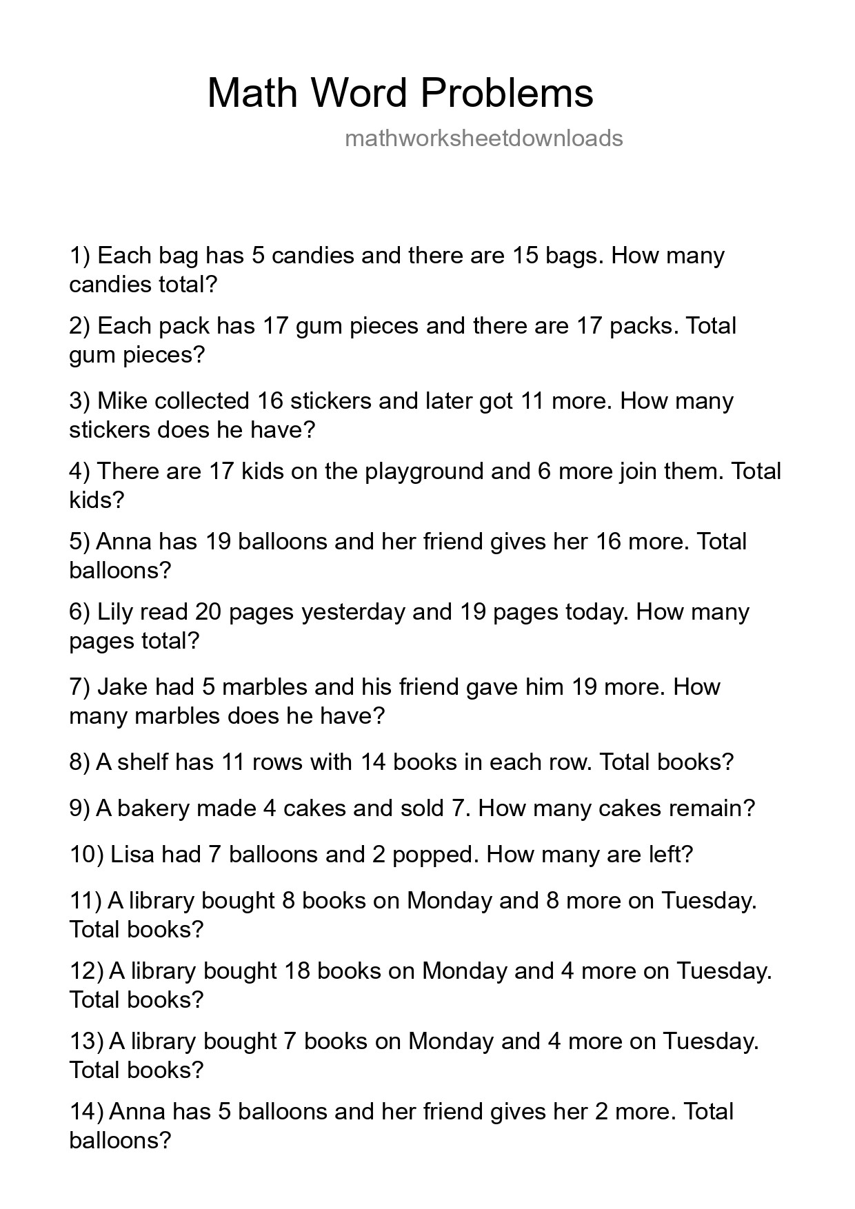 Math Word Problem Worksheet