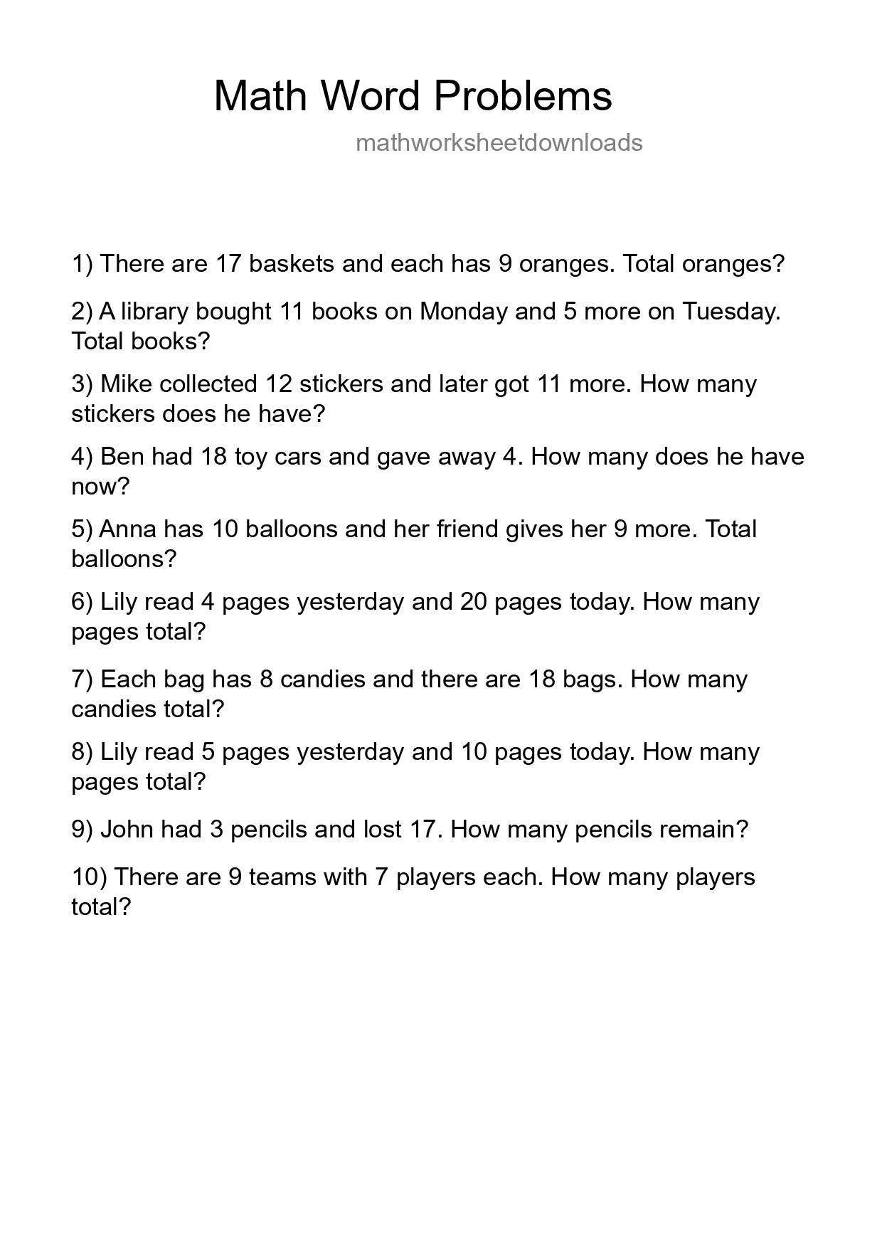 Math Word Problem Worksheet