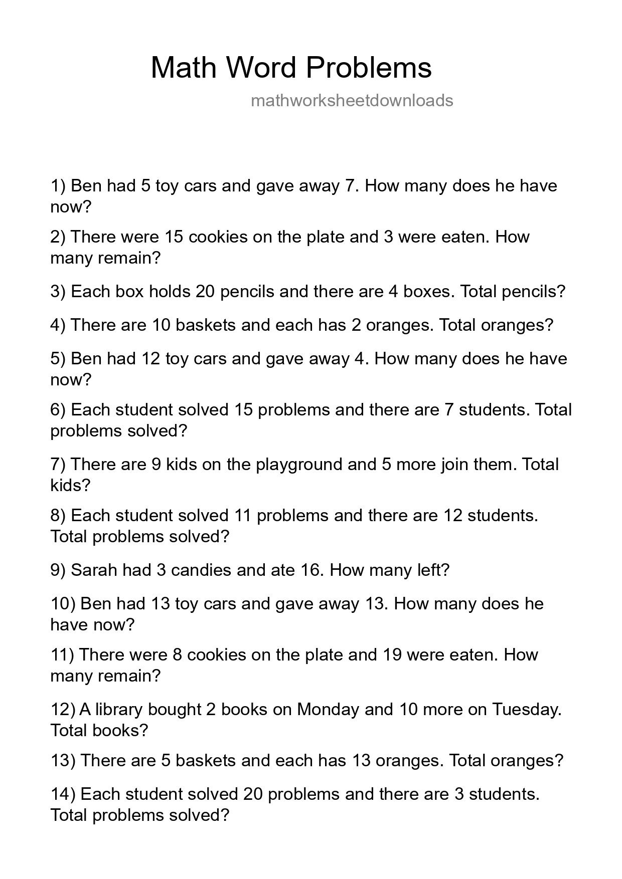 Math Word Problem Worksheet