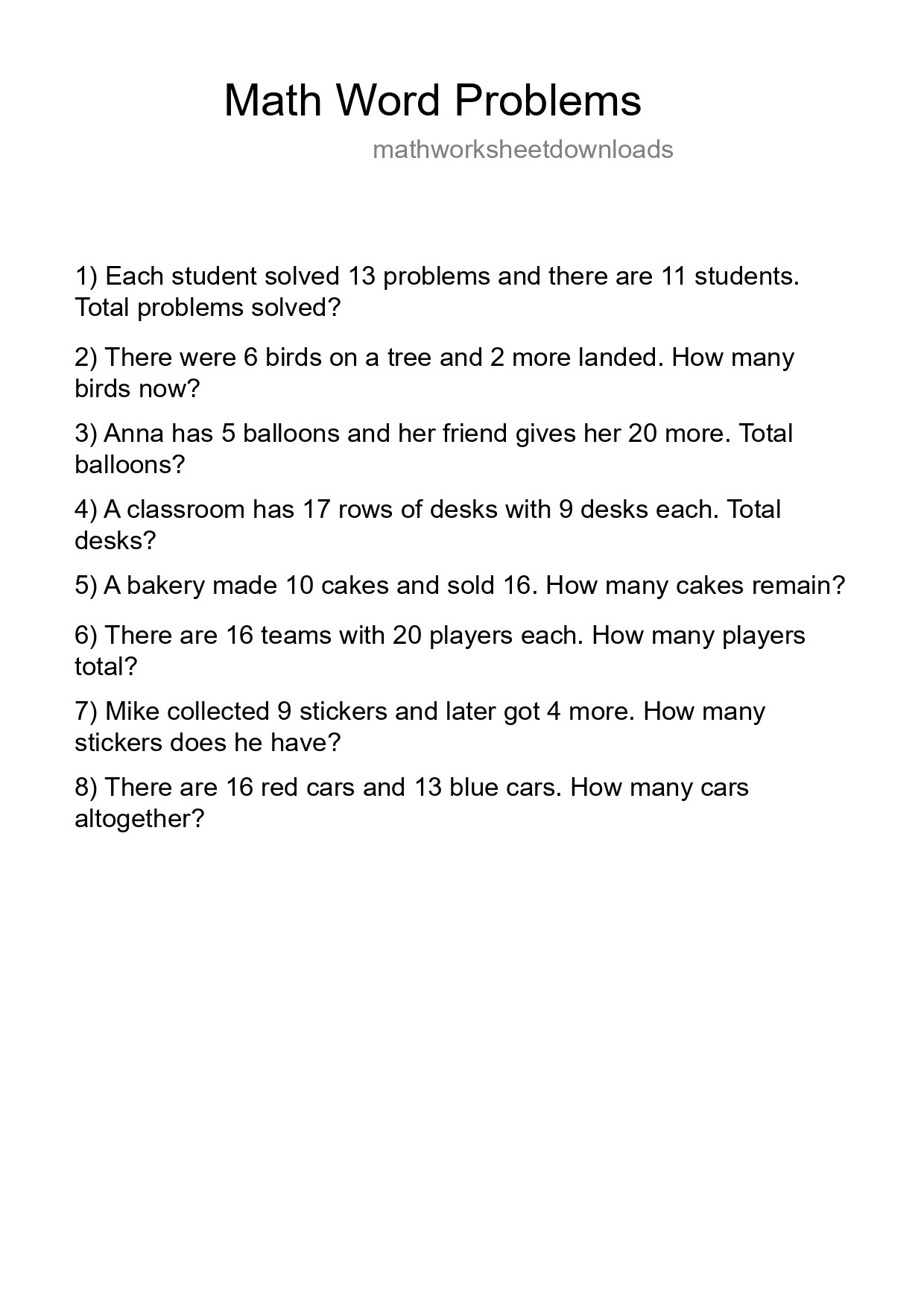 Math Word Problem Worksheet