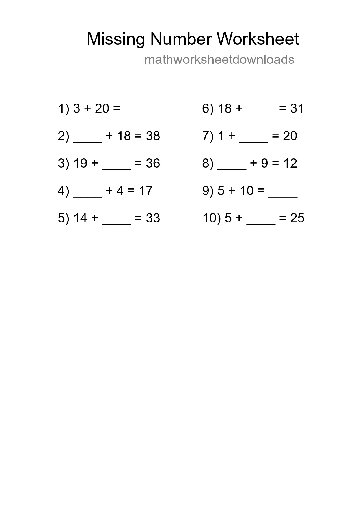 Missing Number Math Worksheet