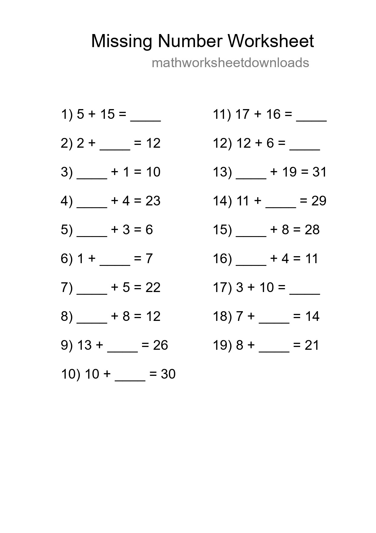Missing Number Math Worksheet