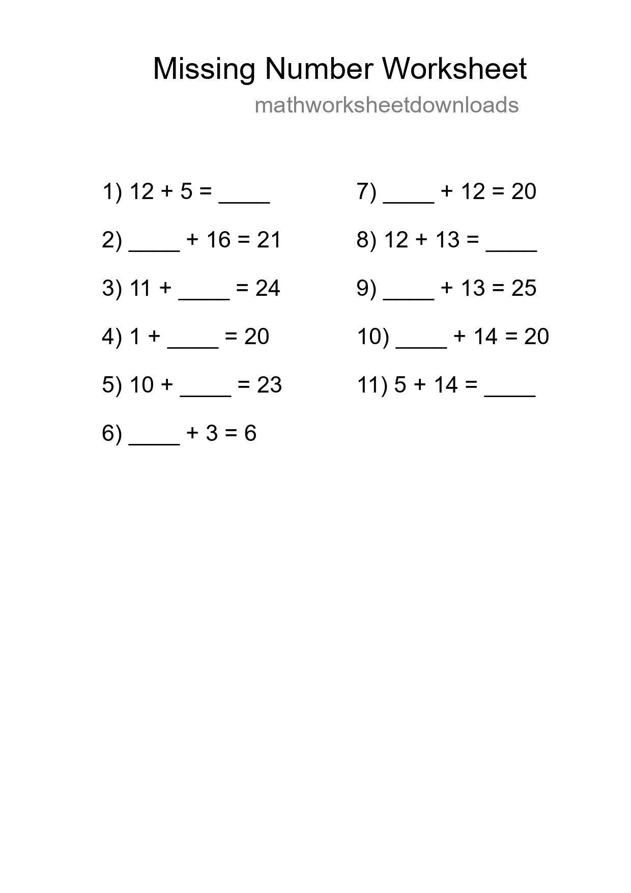Missing Number Math Worksheet