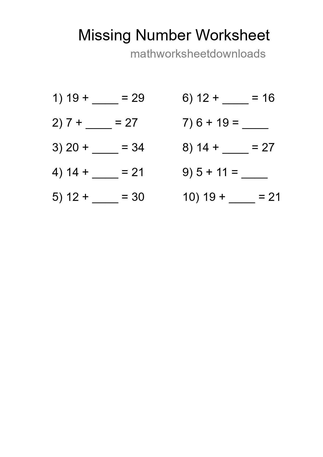 Missing Number Math Worksheet