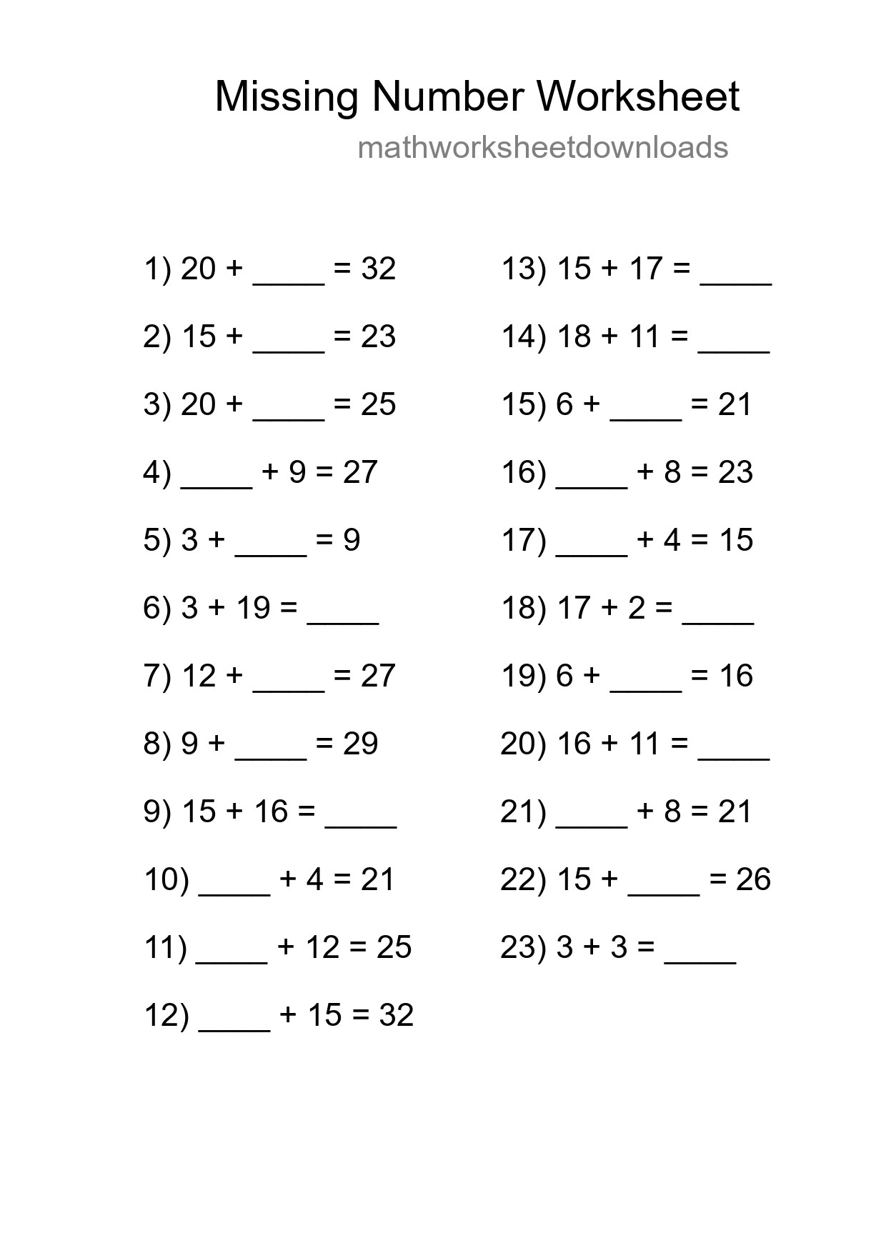 Missing Number Math Worksheet