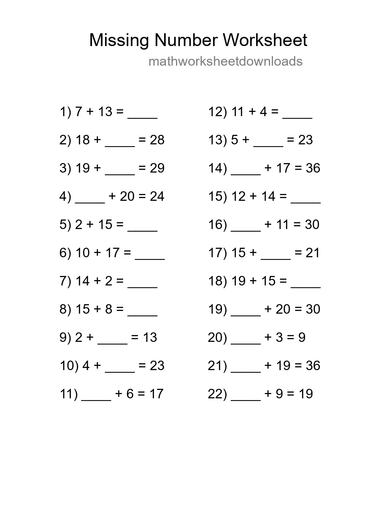 Missing Number Math Worksheet