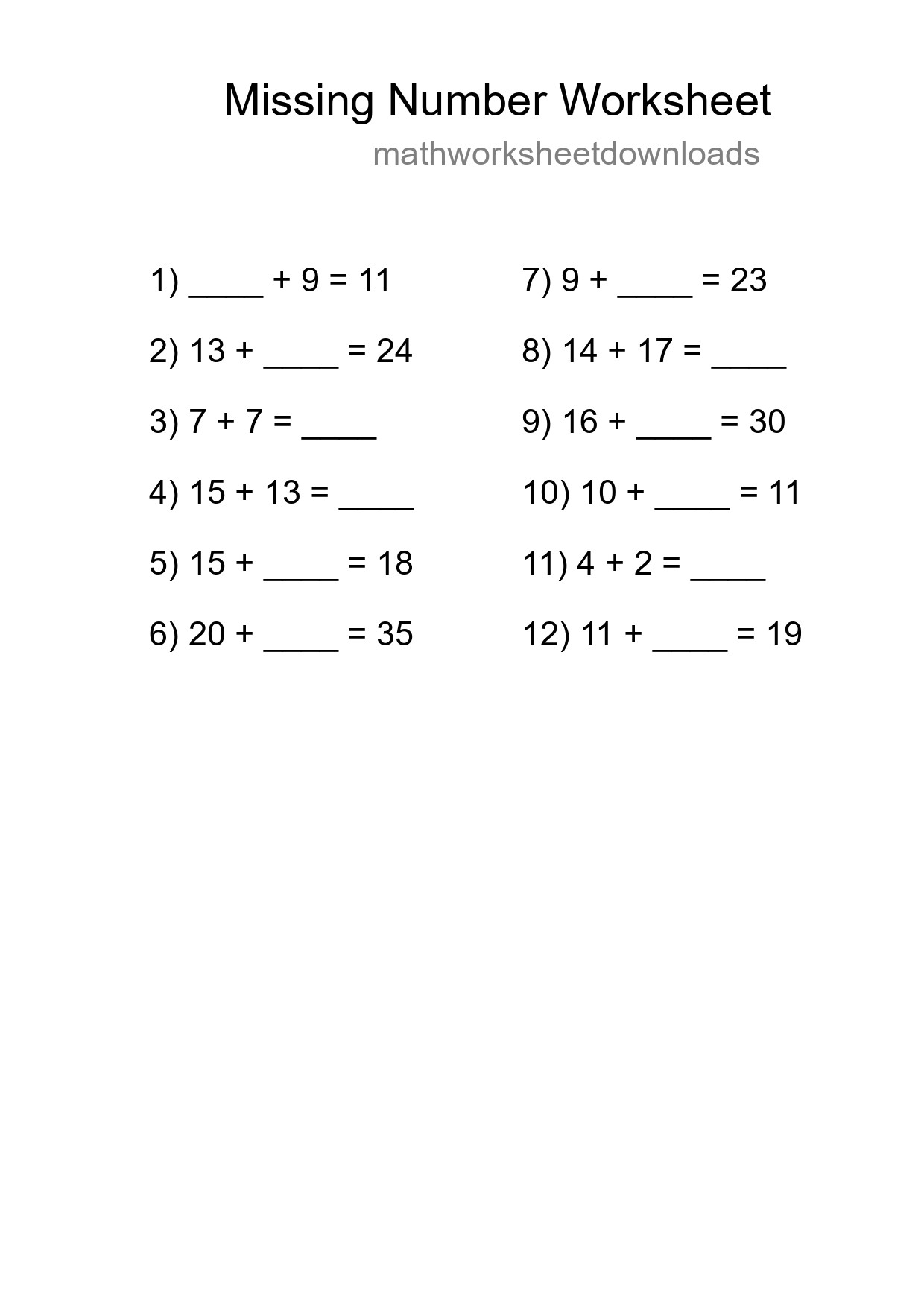 Missing Number Math Worksheet