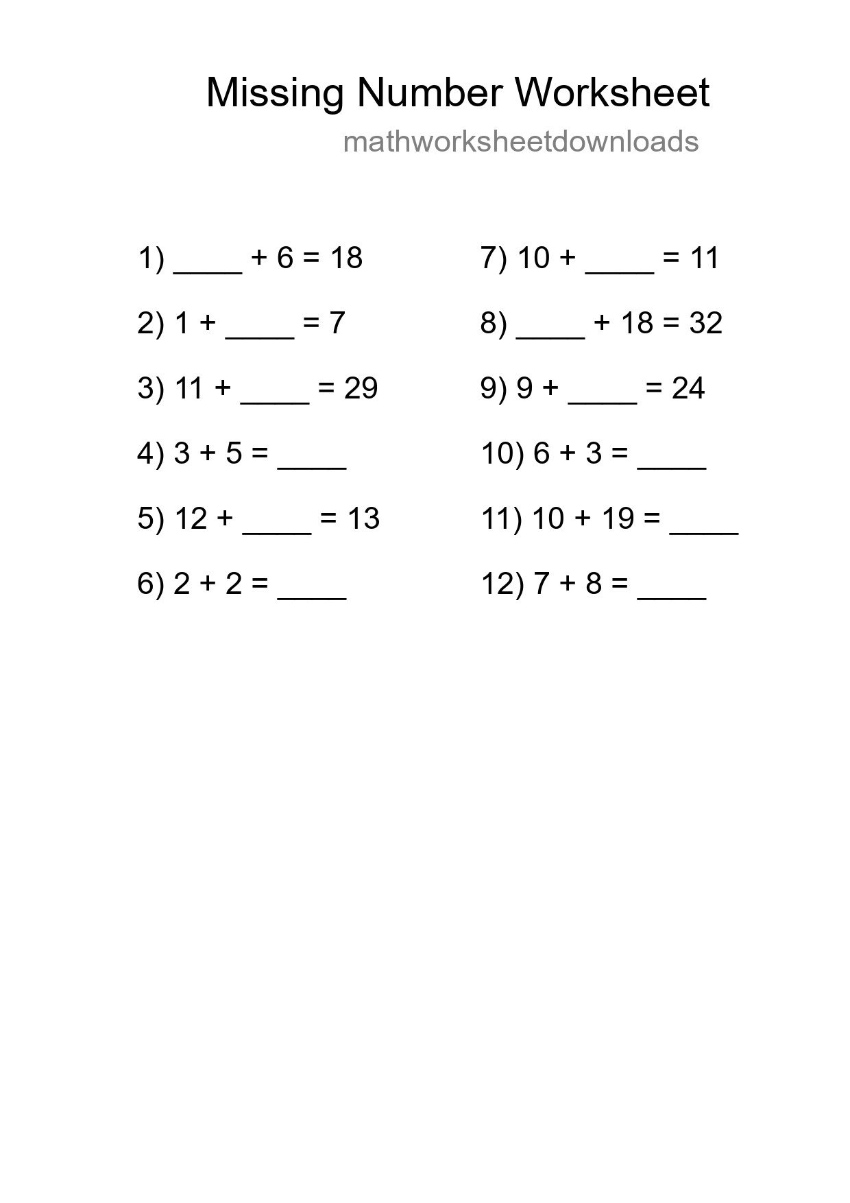 Missing Number Math Worksheet