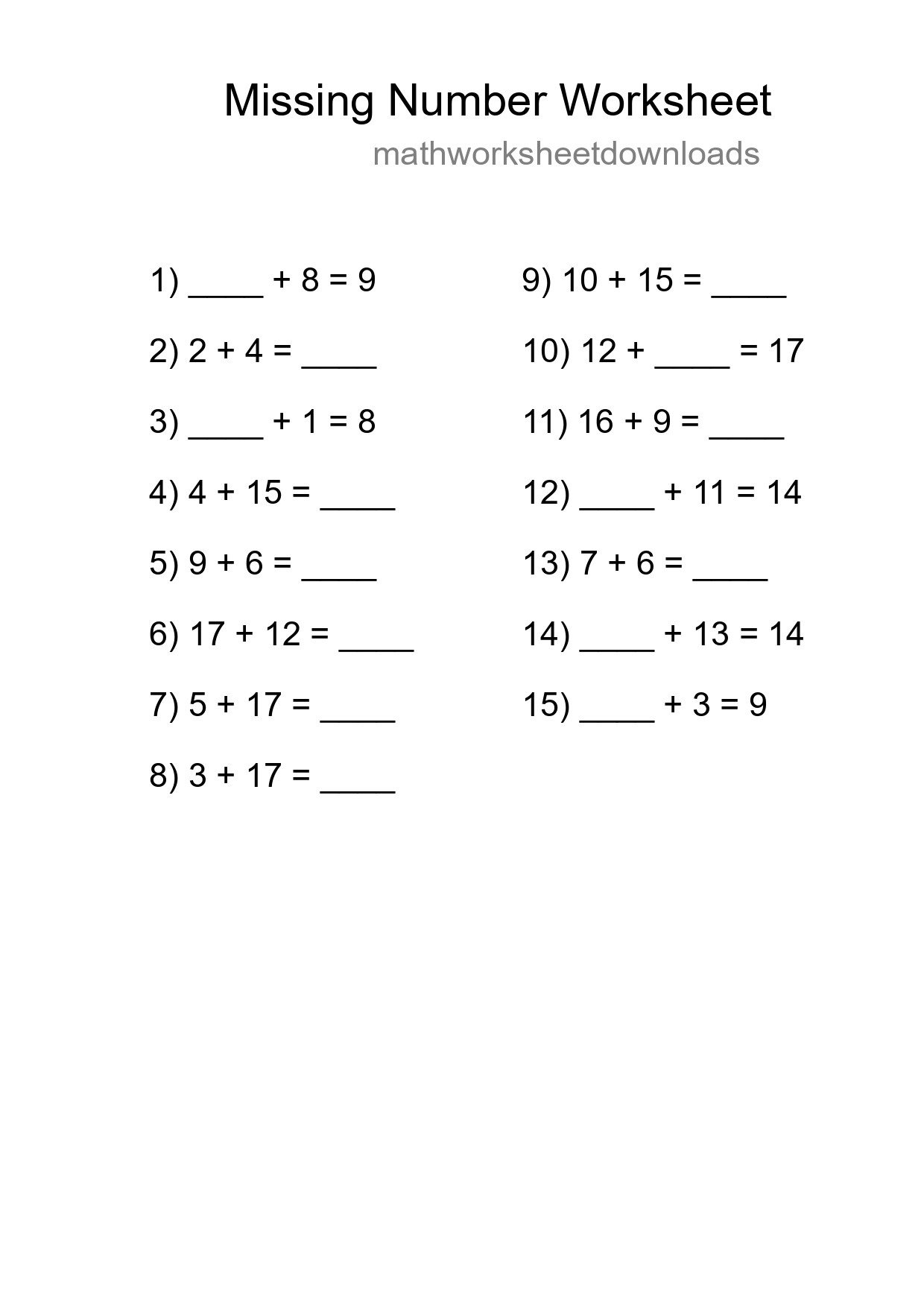 Missing Number Math Worksheet