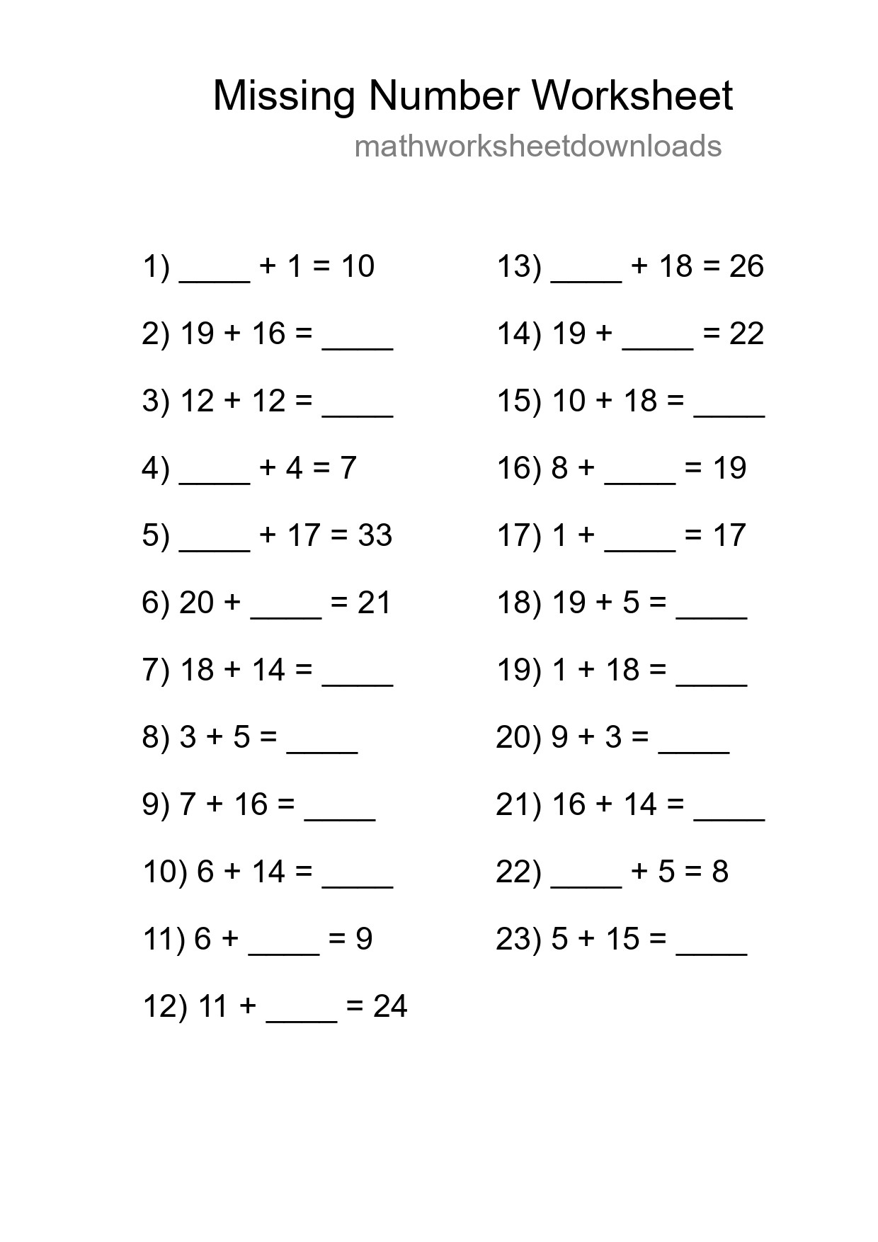 Missing Number Math Worksheet