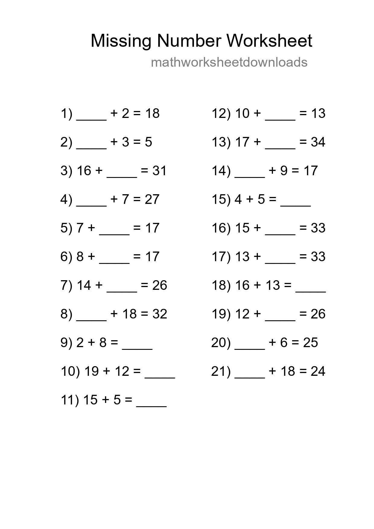 Missing Number Math Worksheet