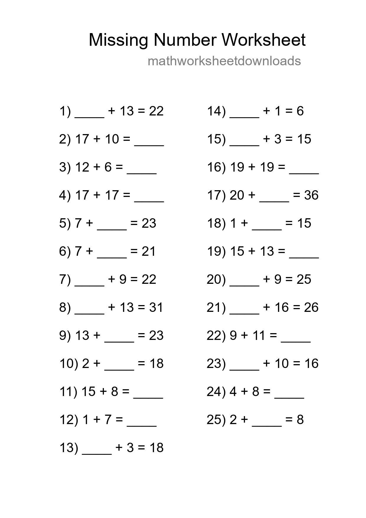 Missing Number Math Worksheet
