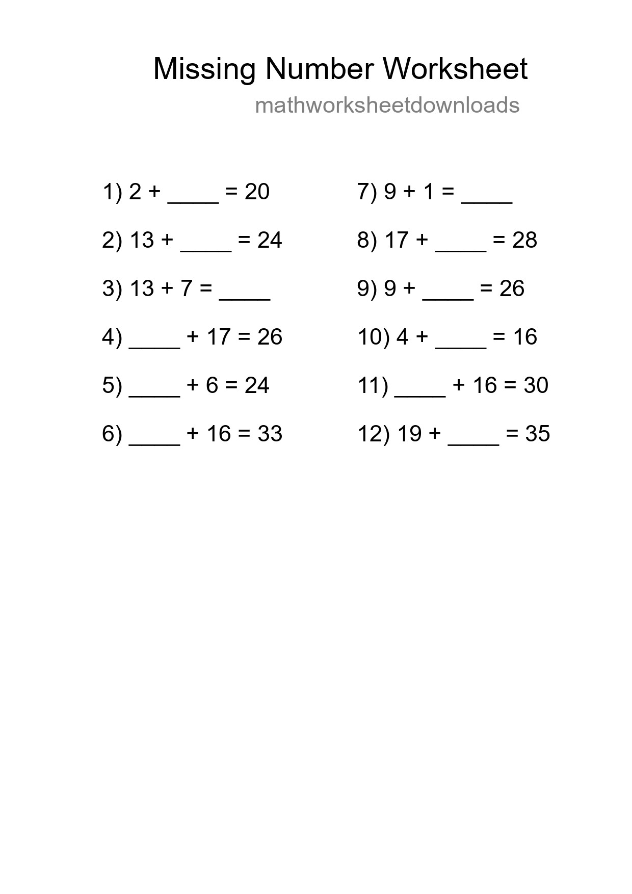 Missing Number Math Worksheet