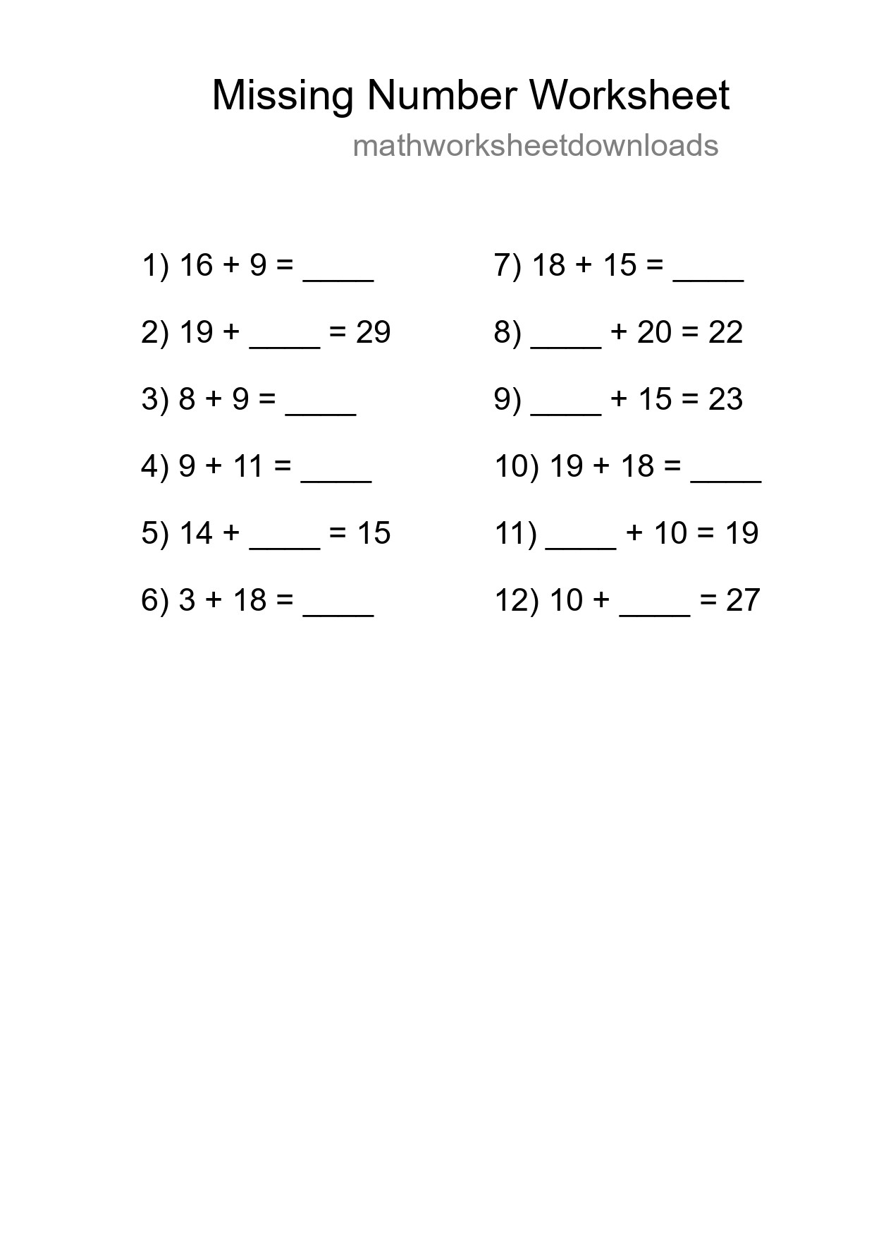 Missing Number Math Worksheet