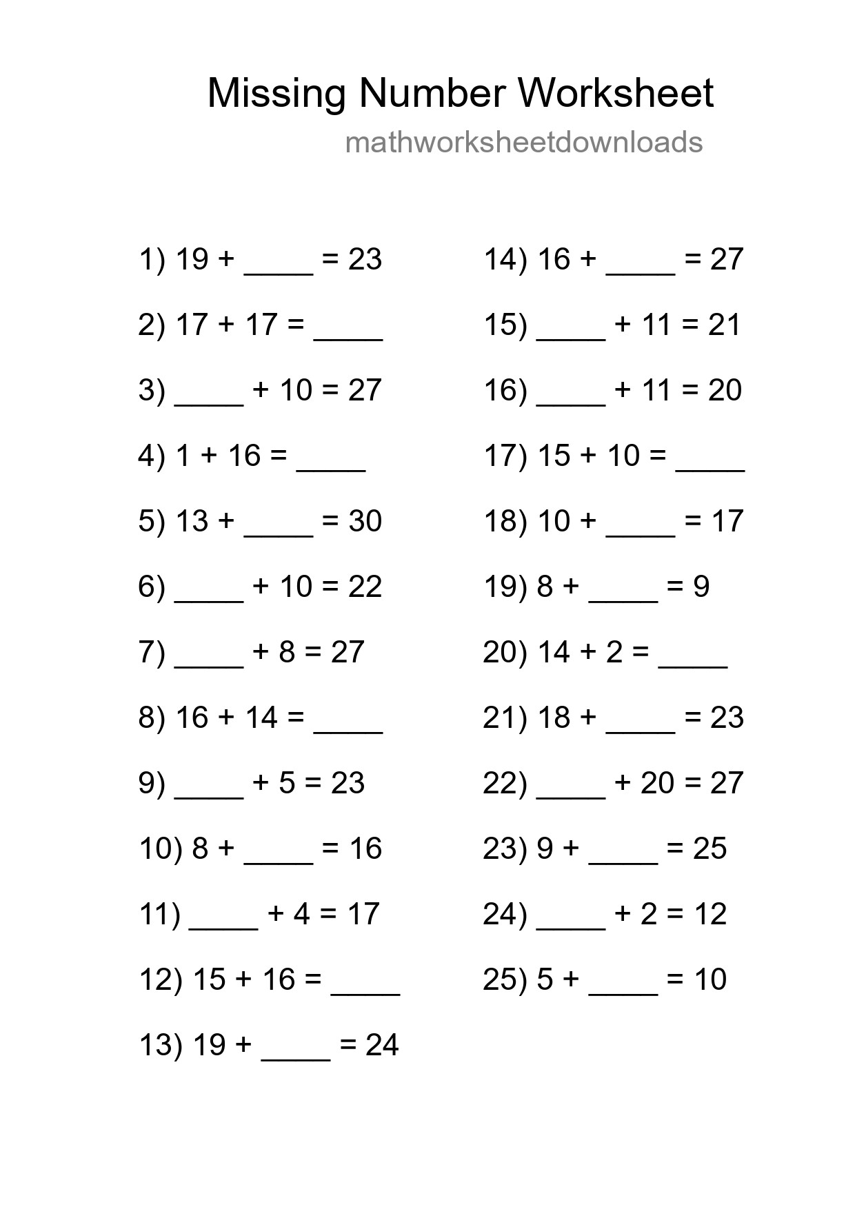 Missing Number Math Worksheet