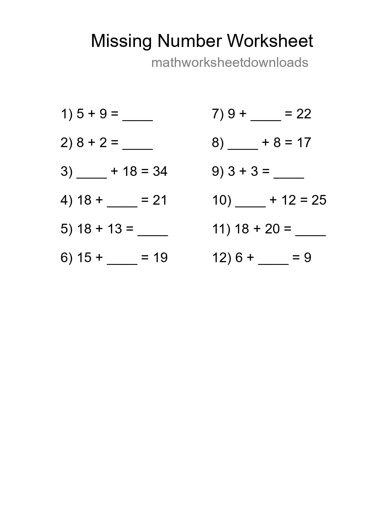 Missing Number Math Worksheet