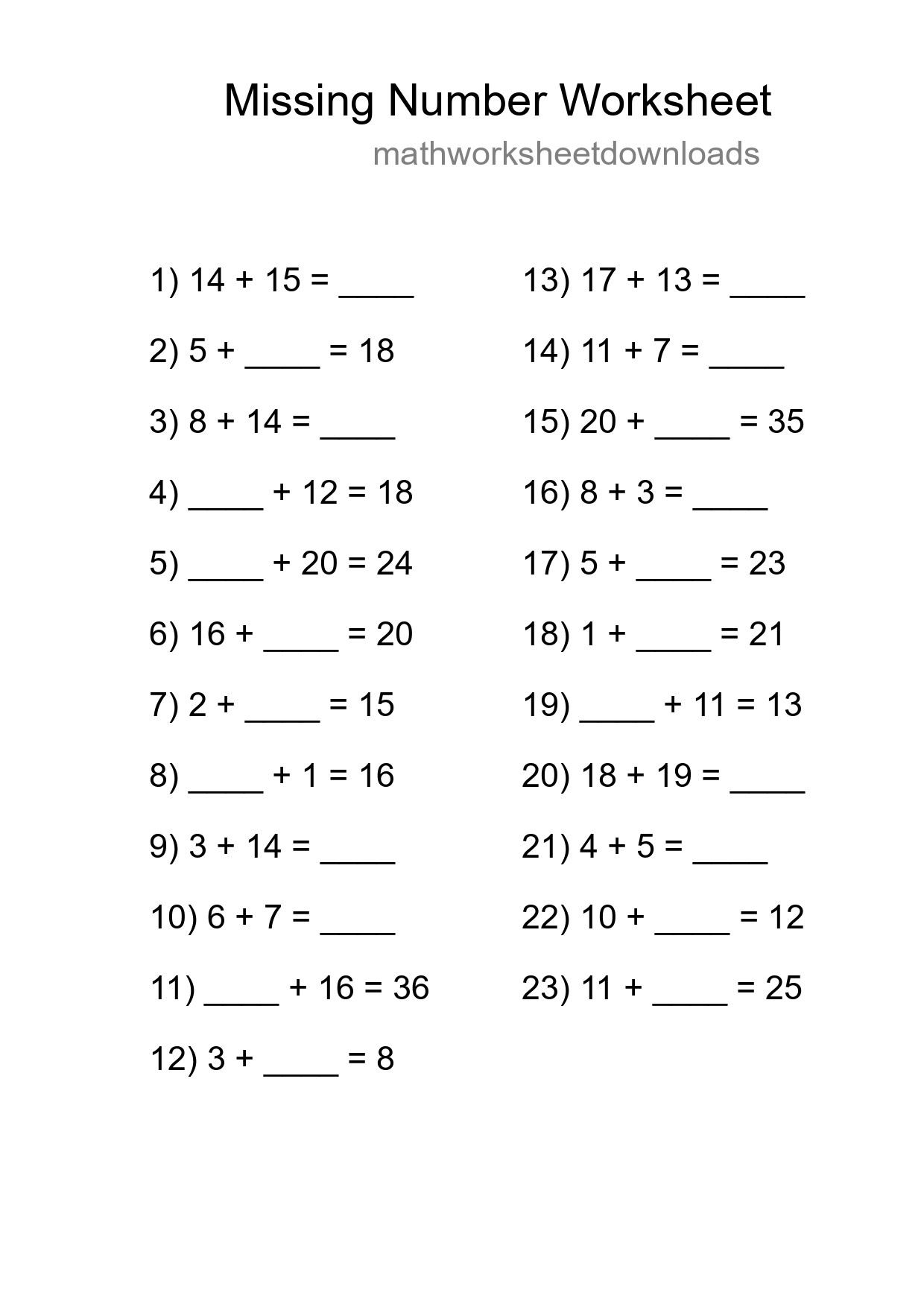 Missing Number Math Worksheet