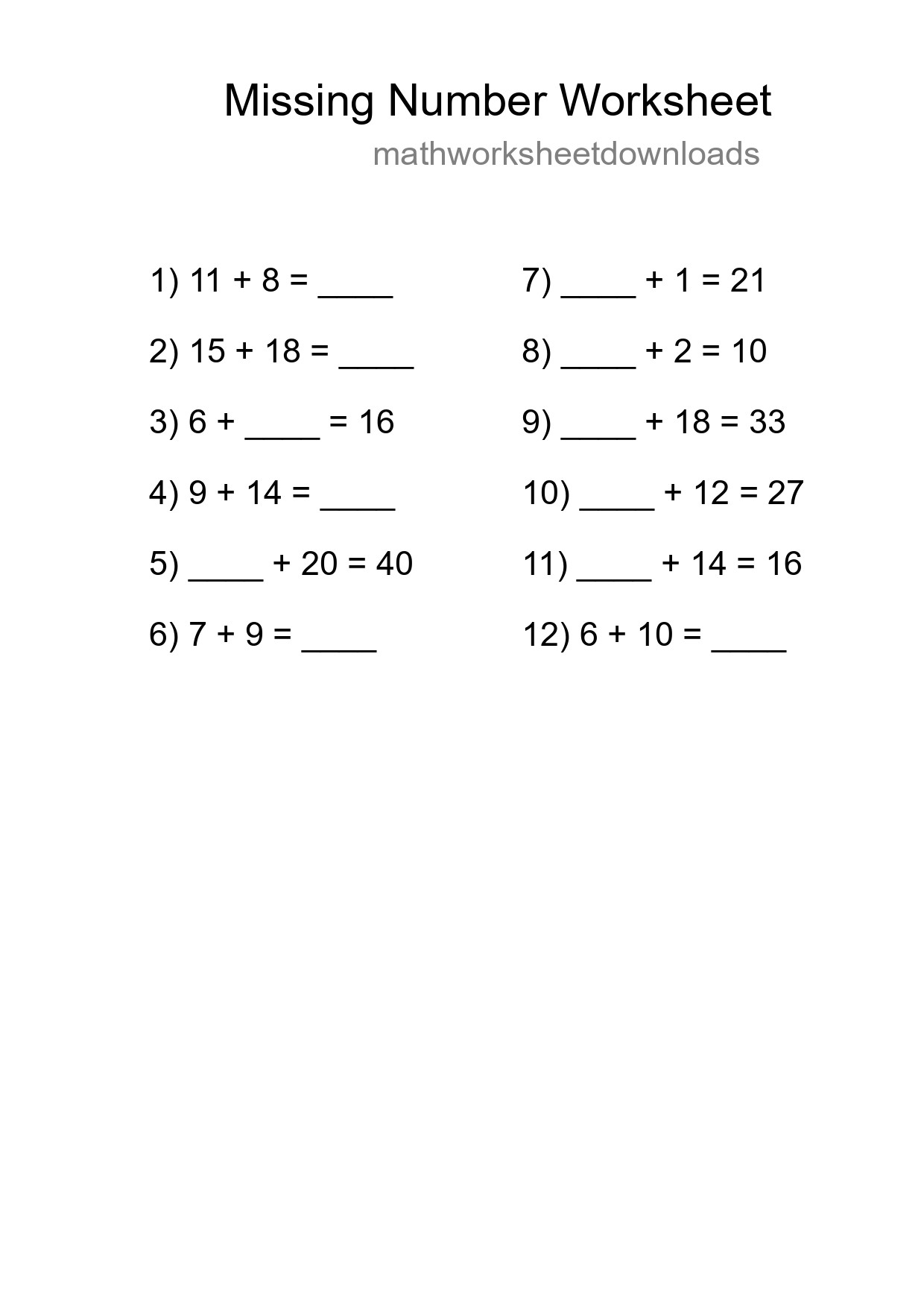 Missing Number Math Worksheet