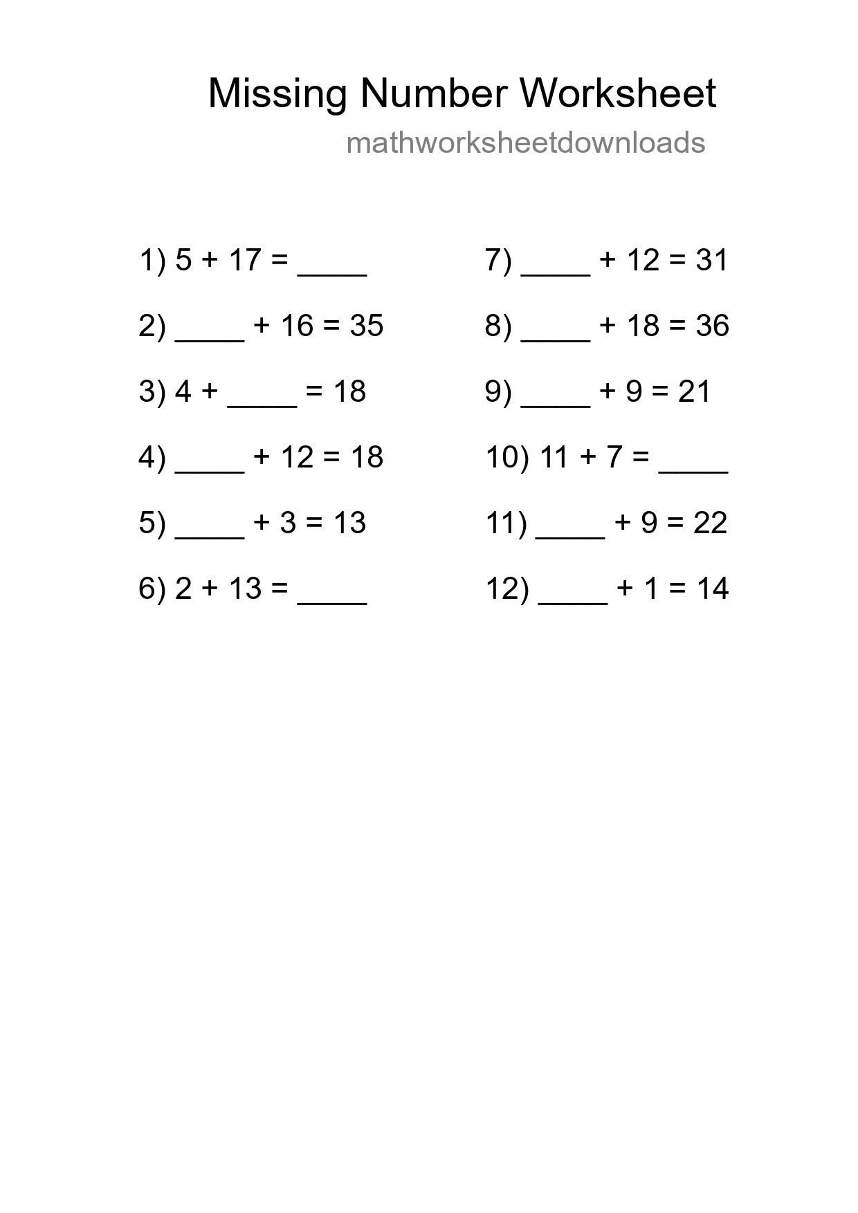 Missing Number Math Worksheet
