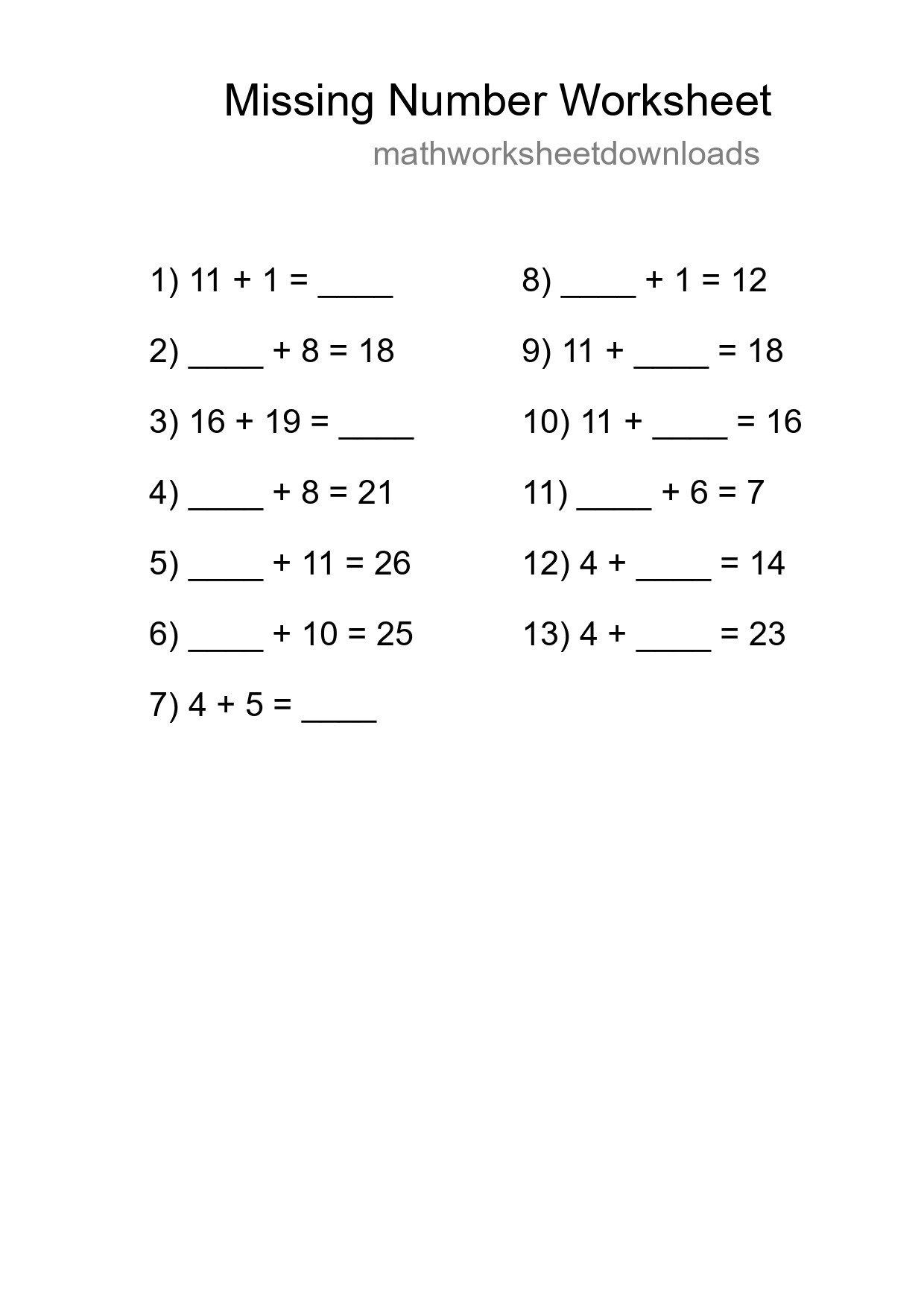 Missing Number Math Worksheet