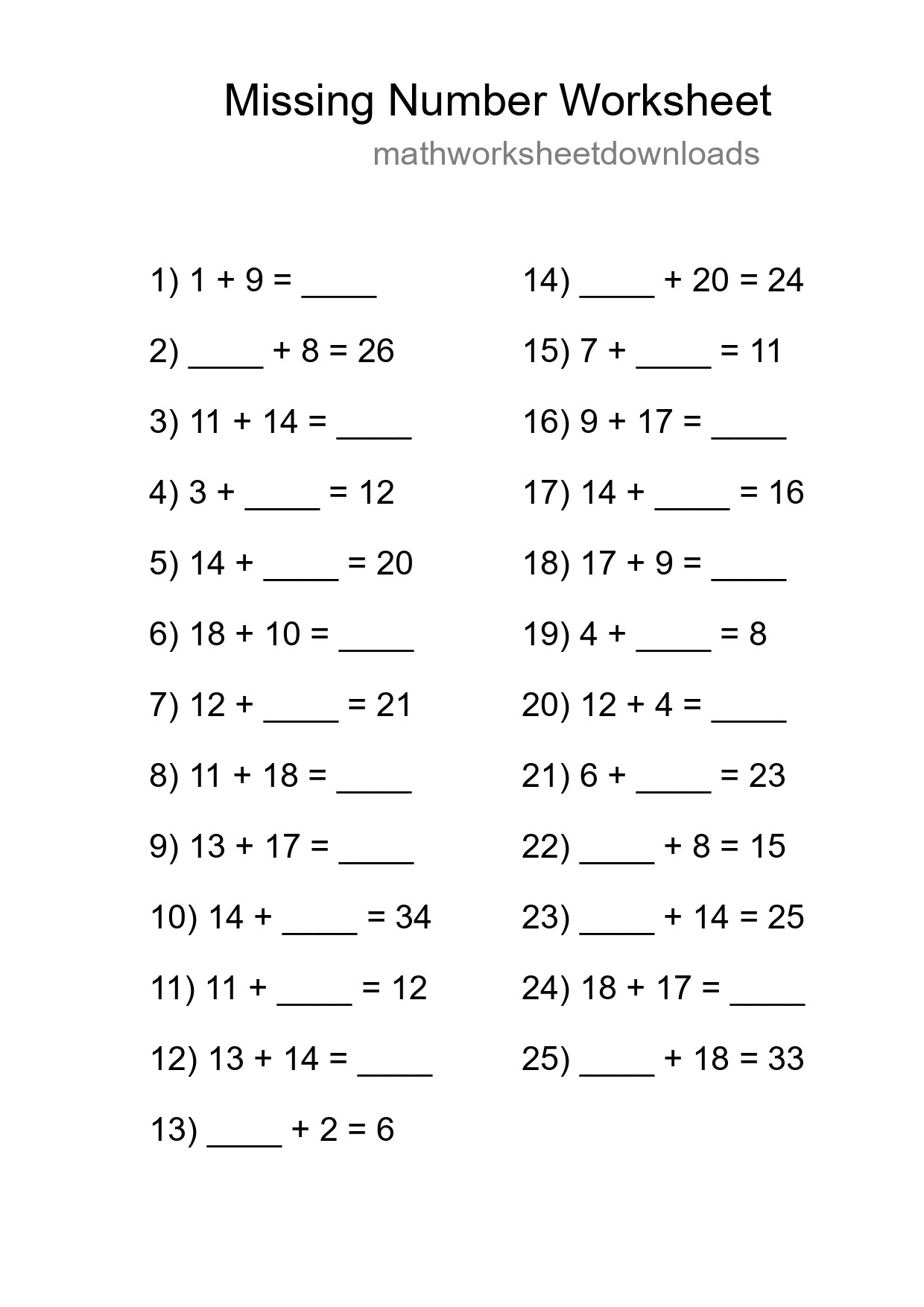 Missing Number Math Worksheet
