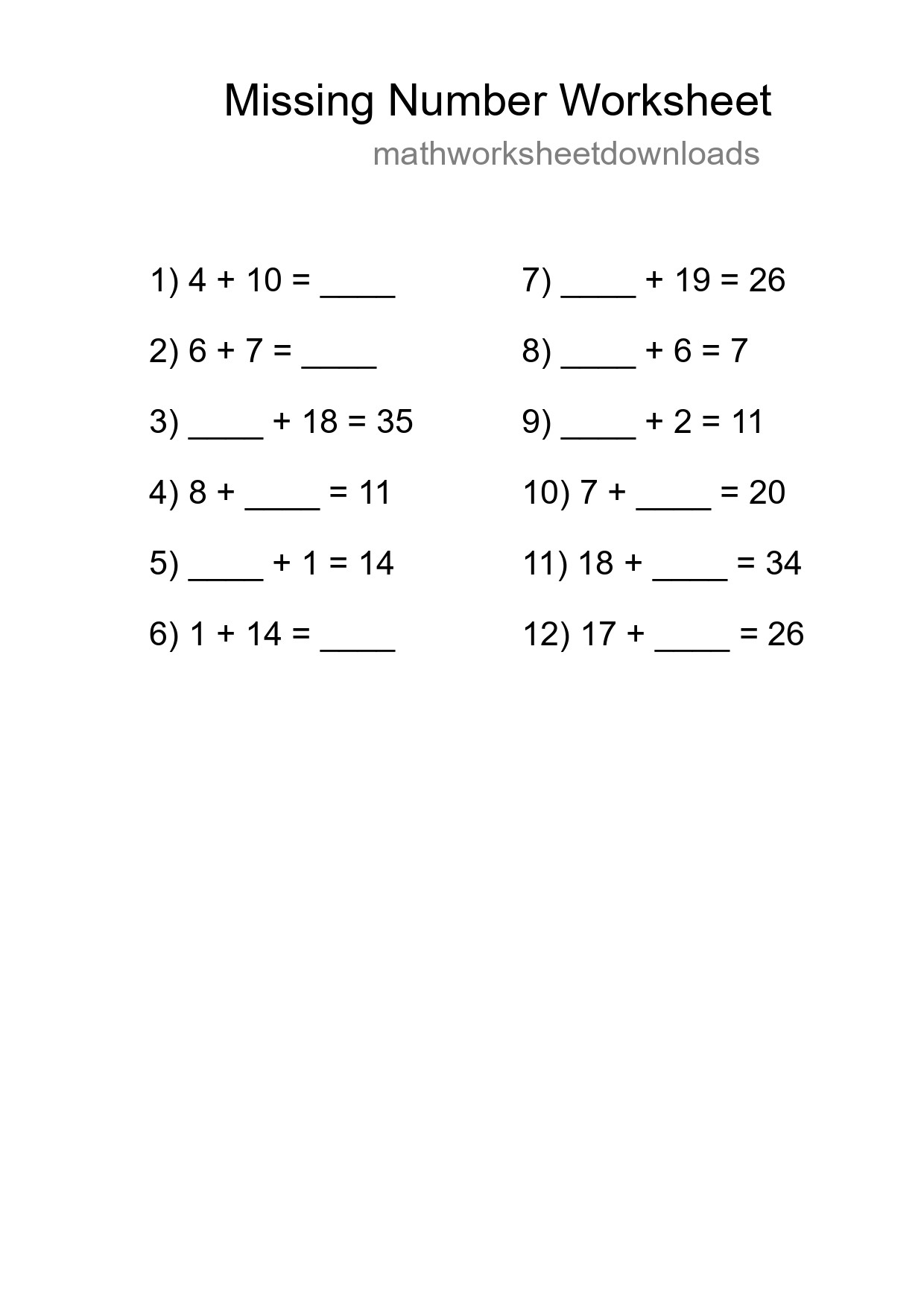 Missing Number Math Worksheet