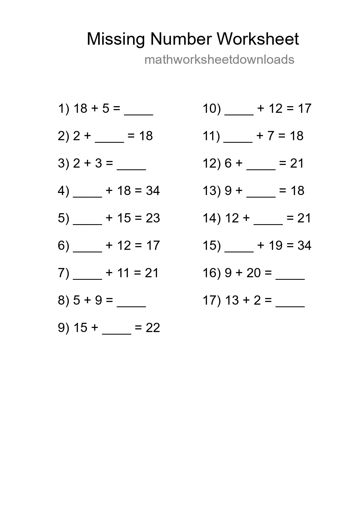 Missing Number Math Worksheet
