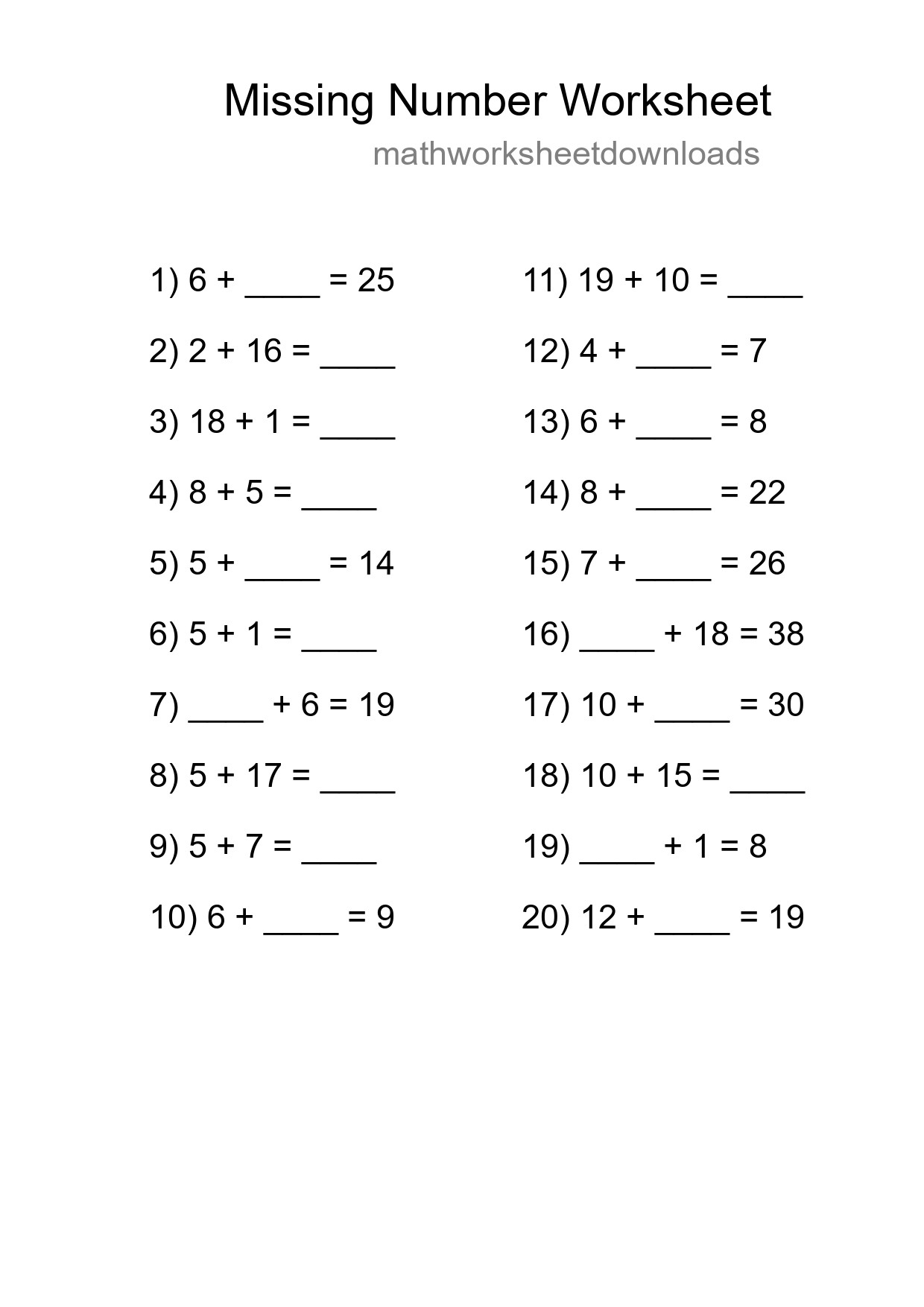 Missing Number Math Worksheet