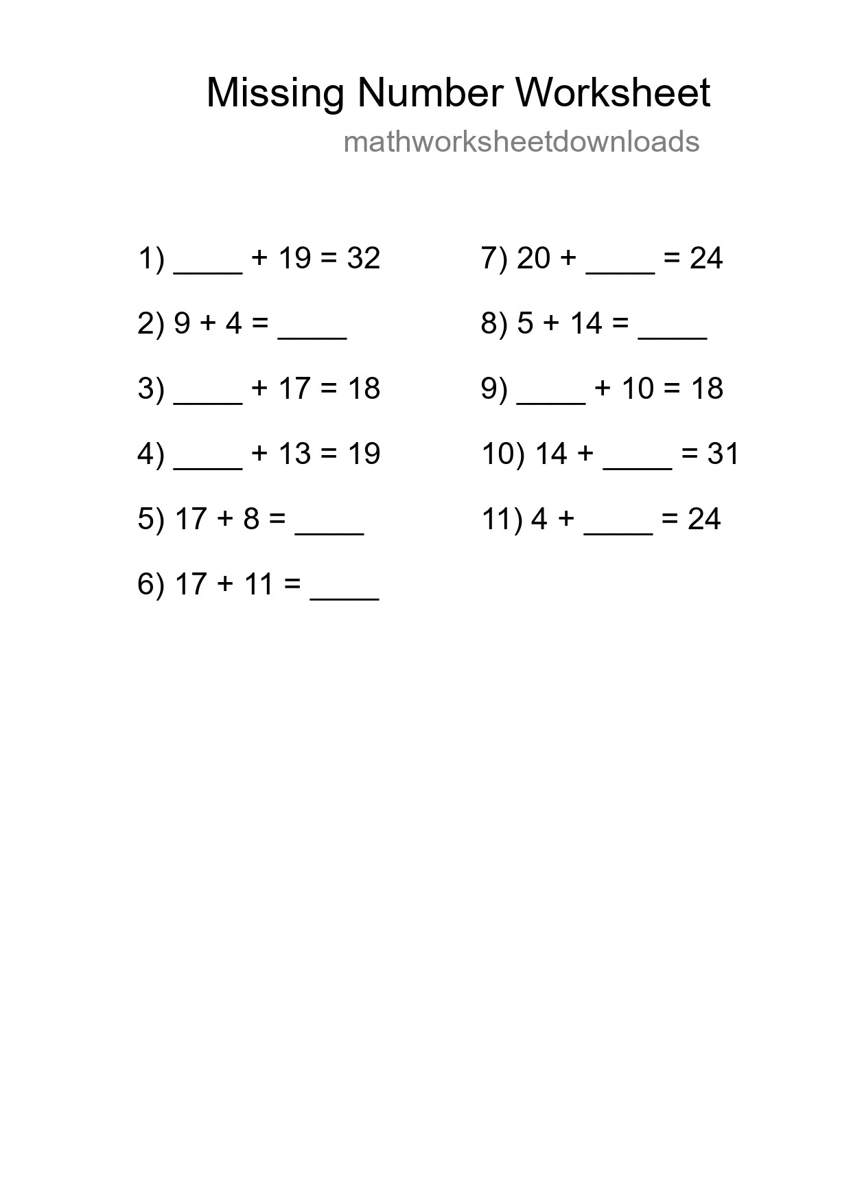 Missing Number Math Worksheet