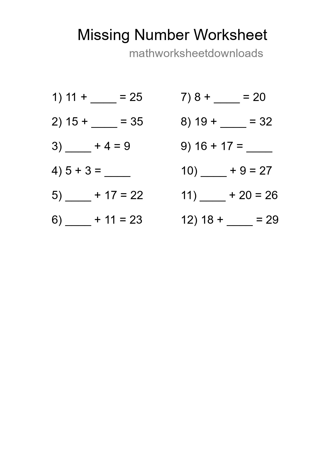 Missing Number Math Worksheet