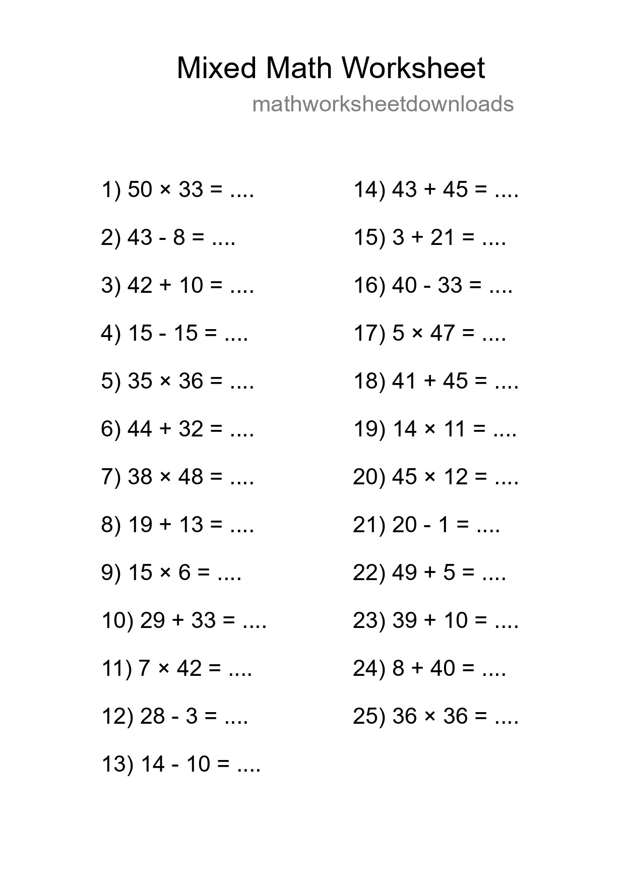 Mixed Operations Math Worksheet