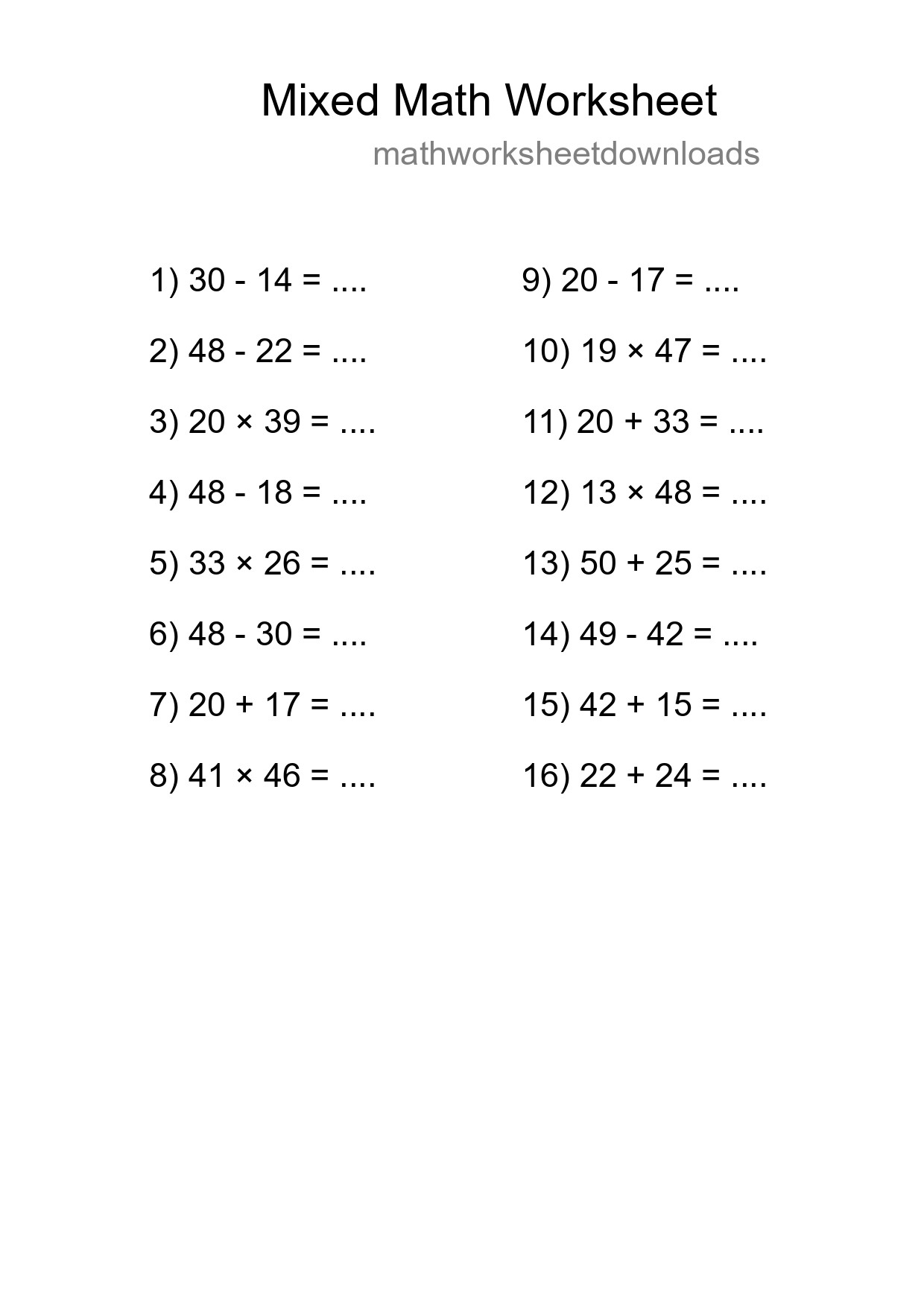 Mixed Operations Math Worksheet