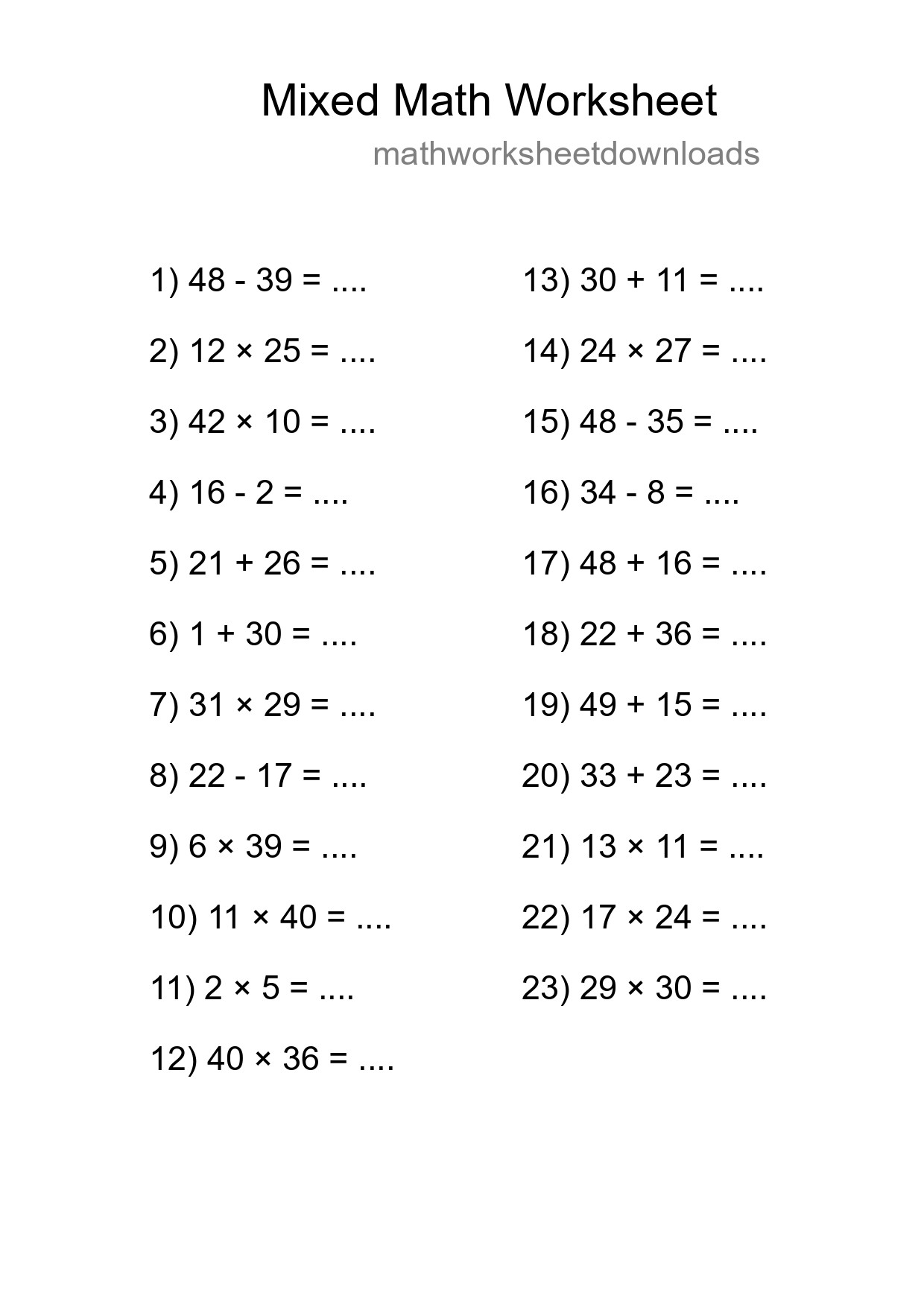 Mixed Operations Math Worksheet