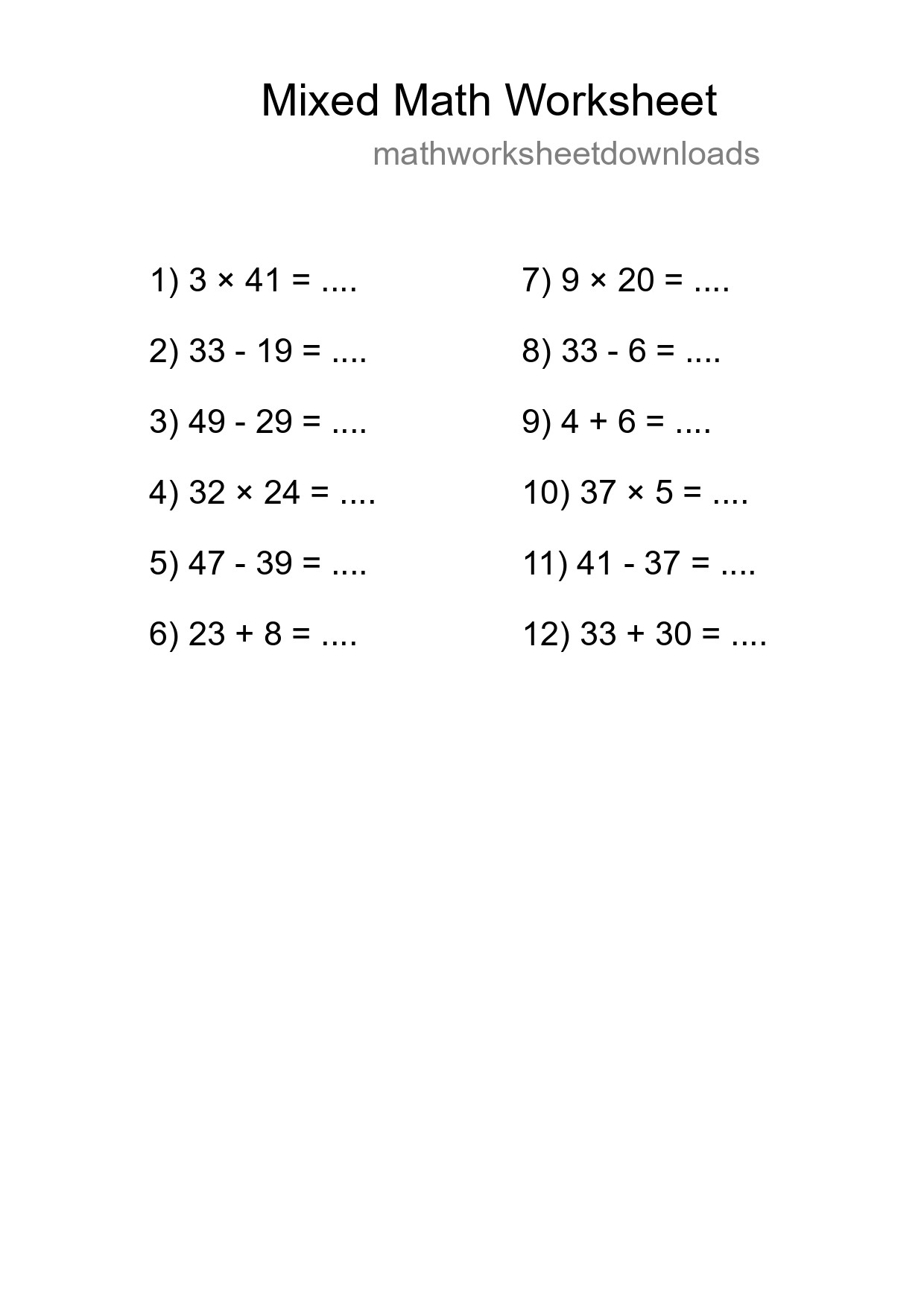 Mixed Operations Math Worksheet