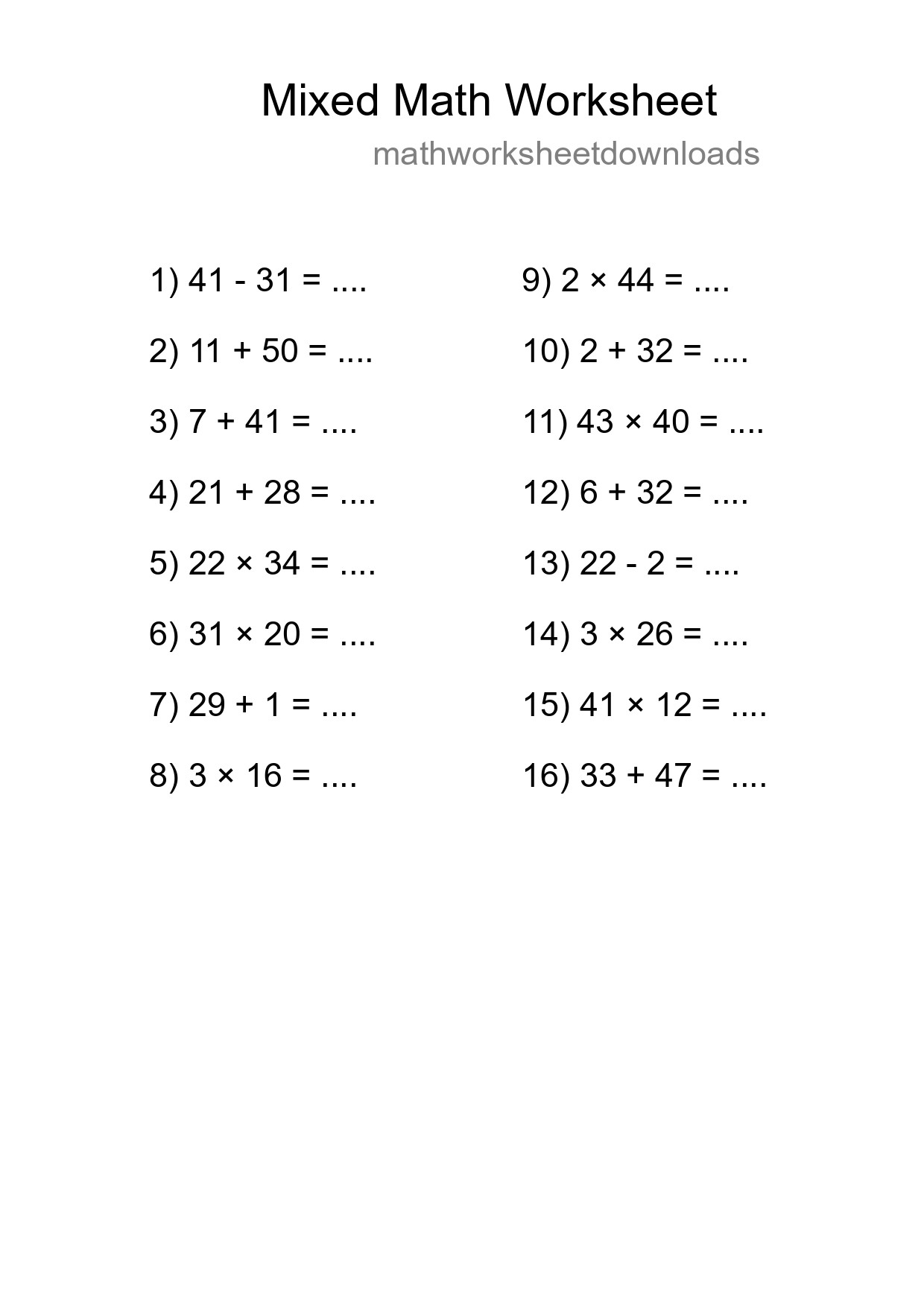 Mixed Operations Math Worksheet