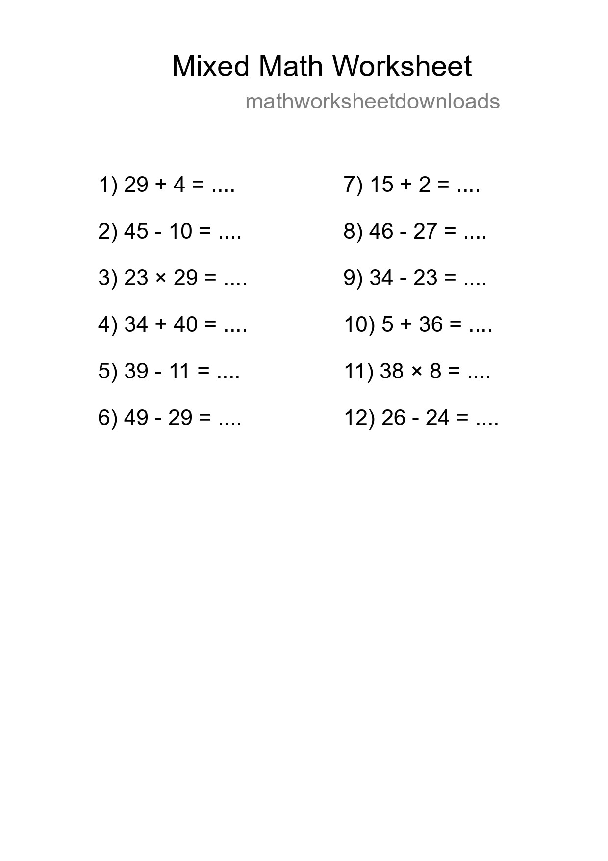 Mixed Operations Math Worksheet