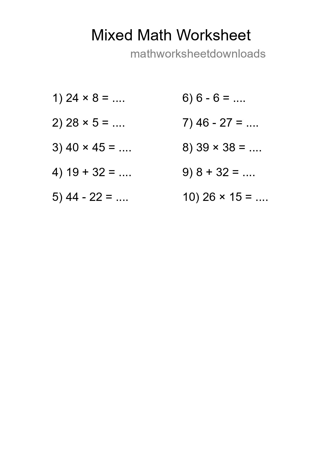 Mixed Operations Math Worksheet