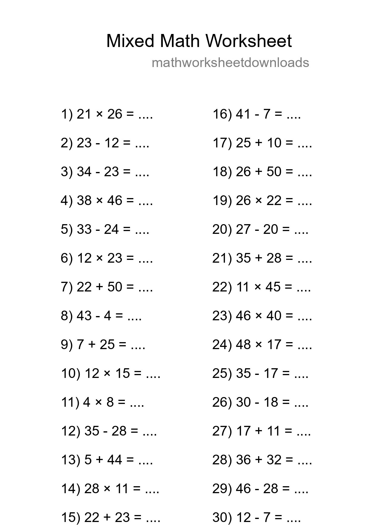 Mixed Operations Math Worksheet