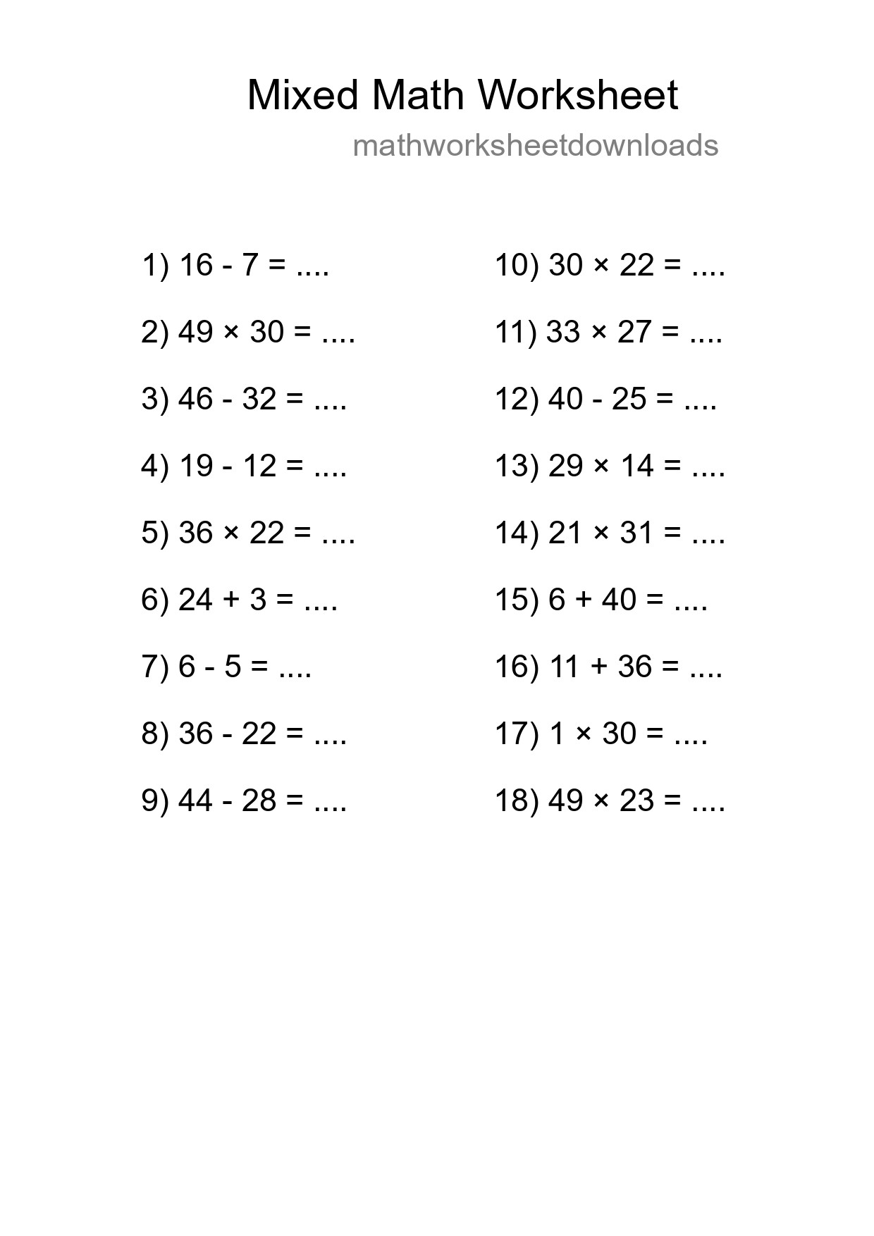 Mixed Operations Math Worksheet