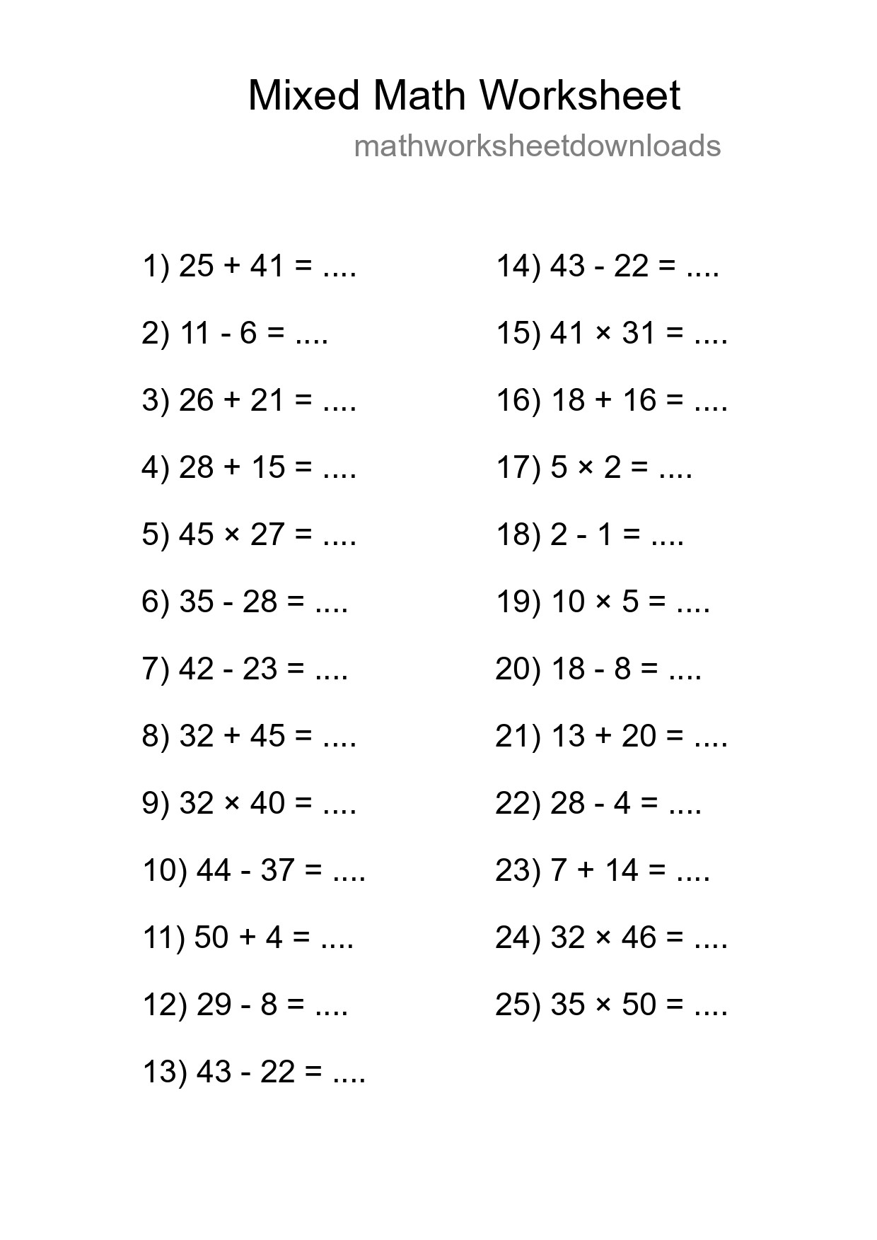 Mixed Operations Math Worksheet