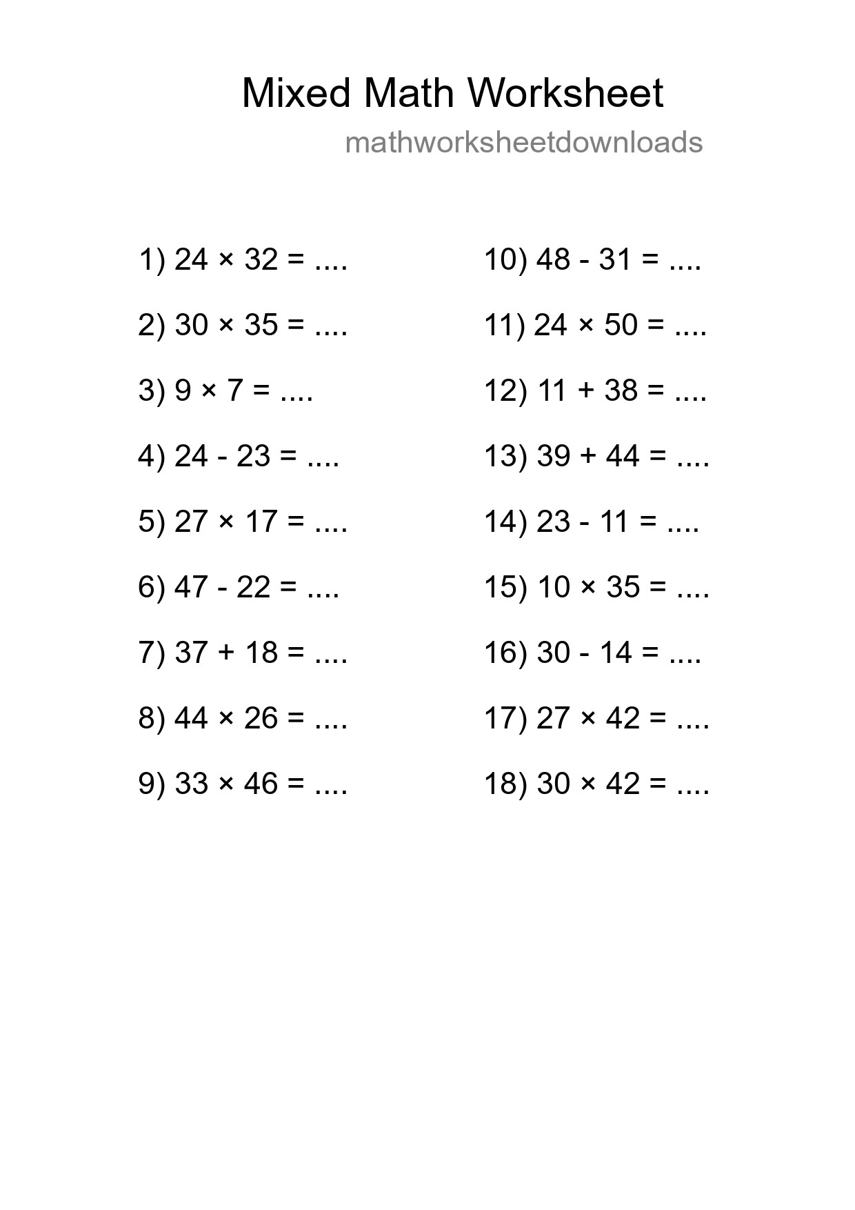 Mixed Operations Math Worksheet