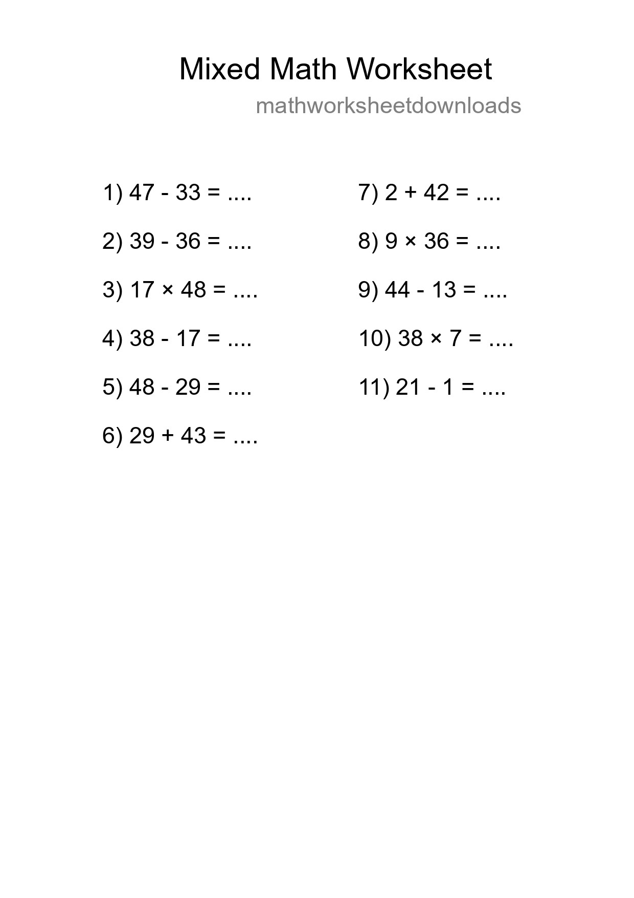 Mixed Operations Math Worksheet