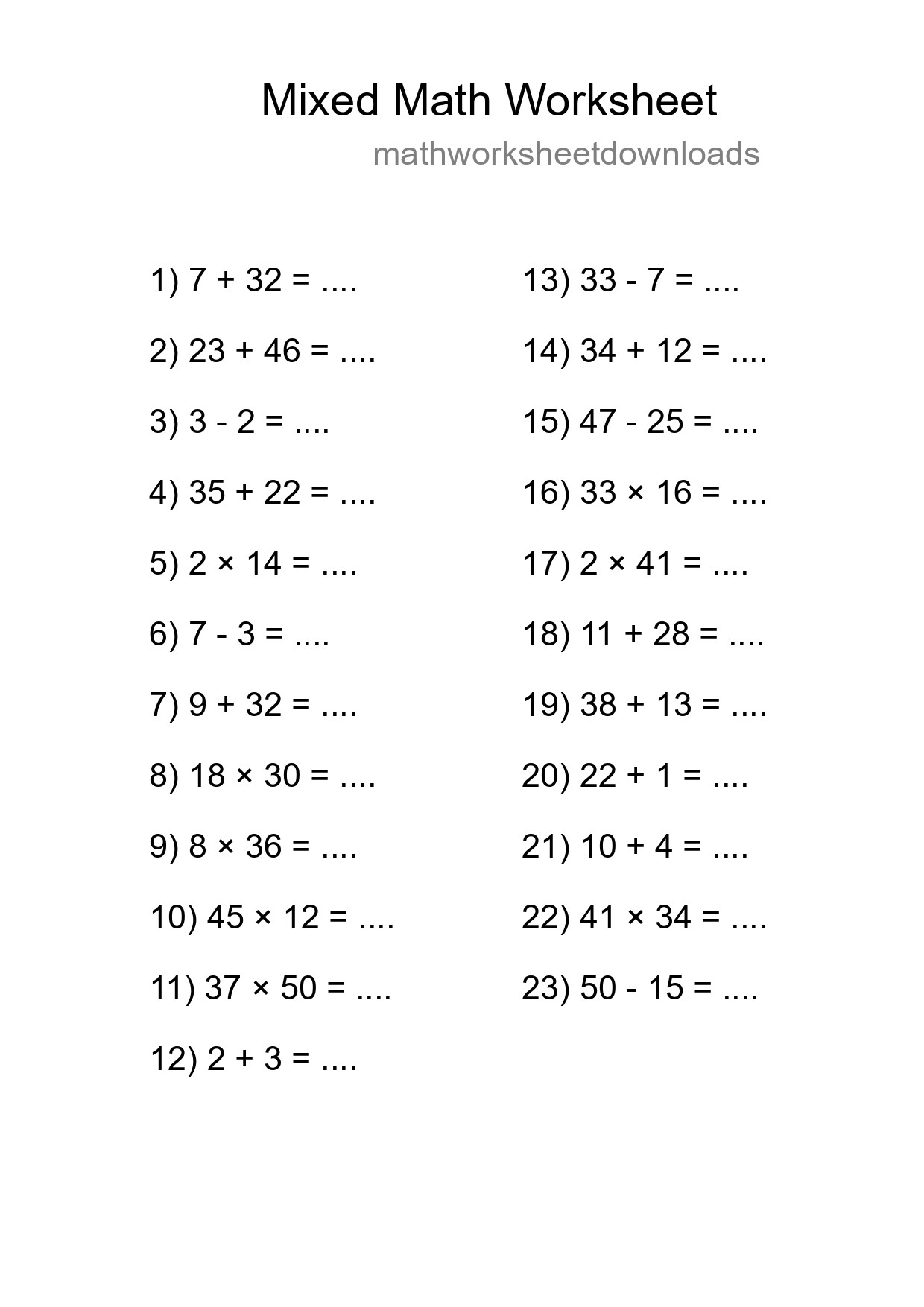 Mixed Operations Math Worksheet