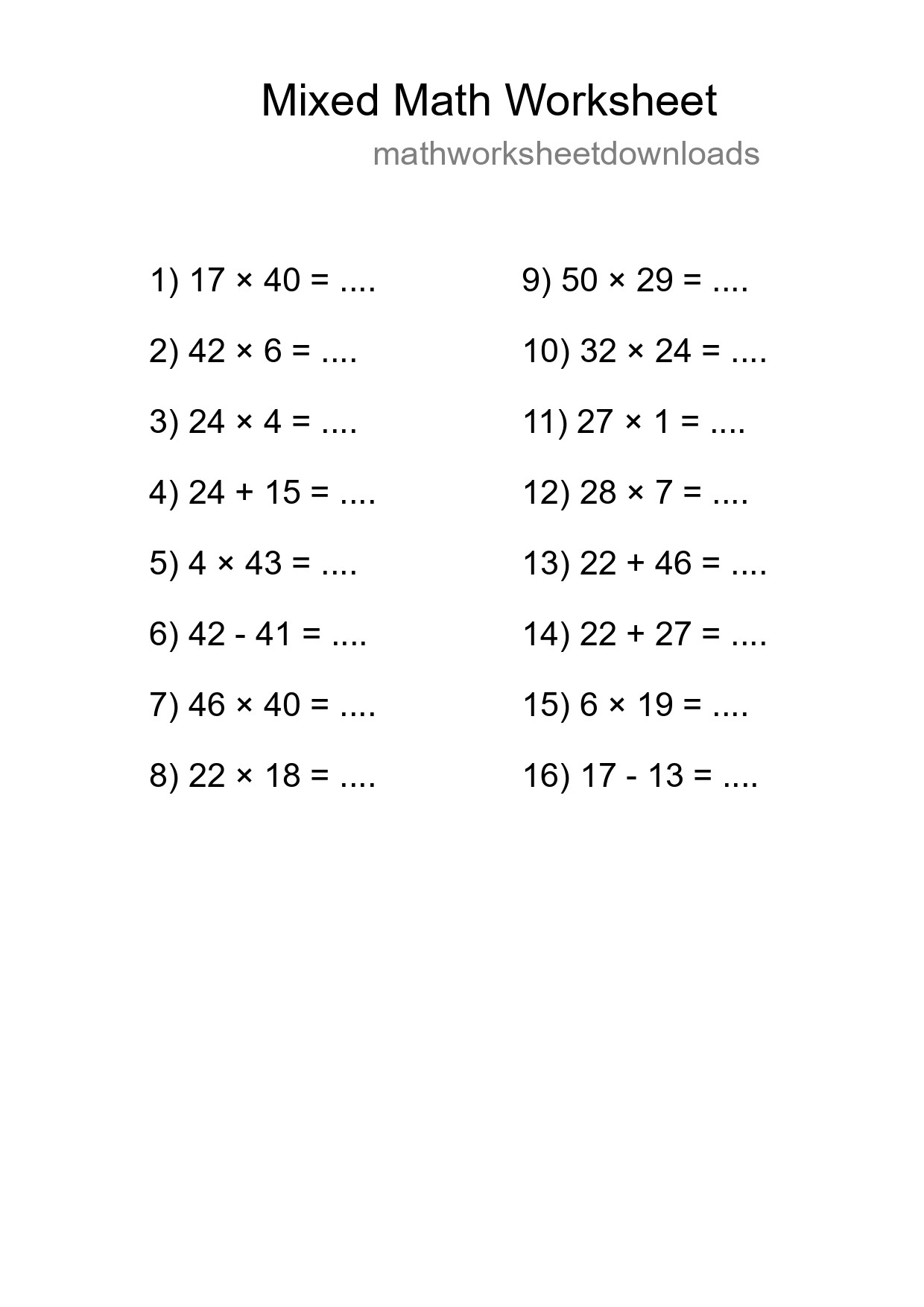 Mixed Operations Math Worksheet