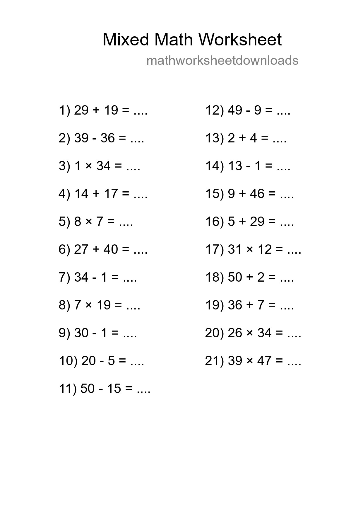 Mixed Operations Math Worksheet