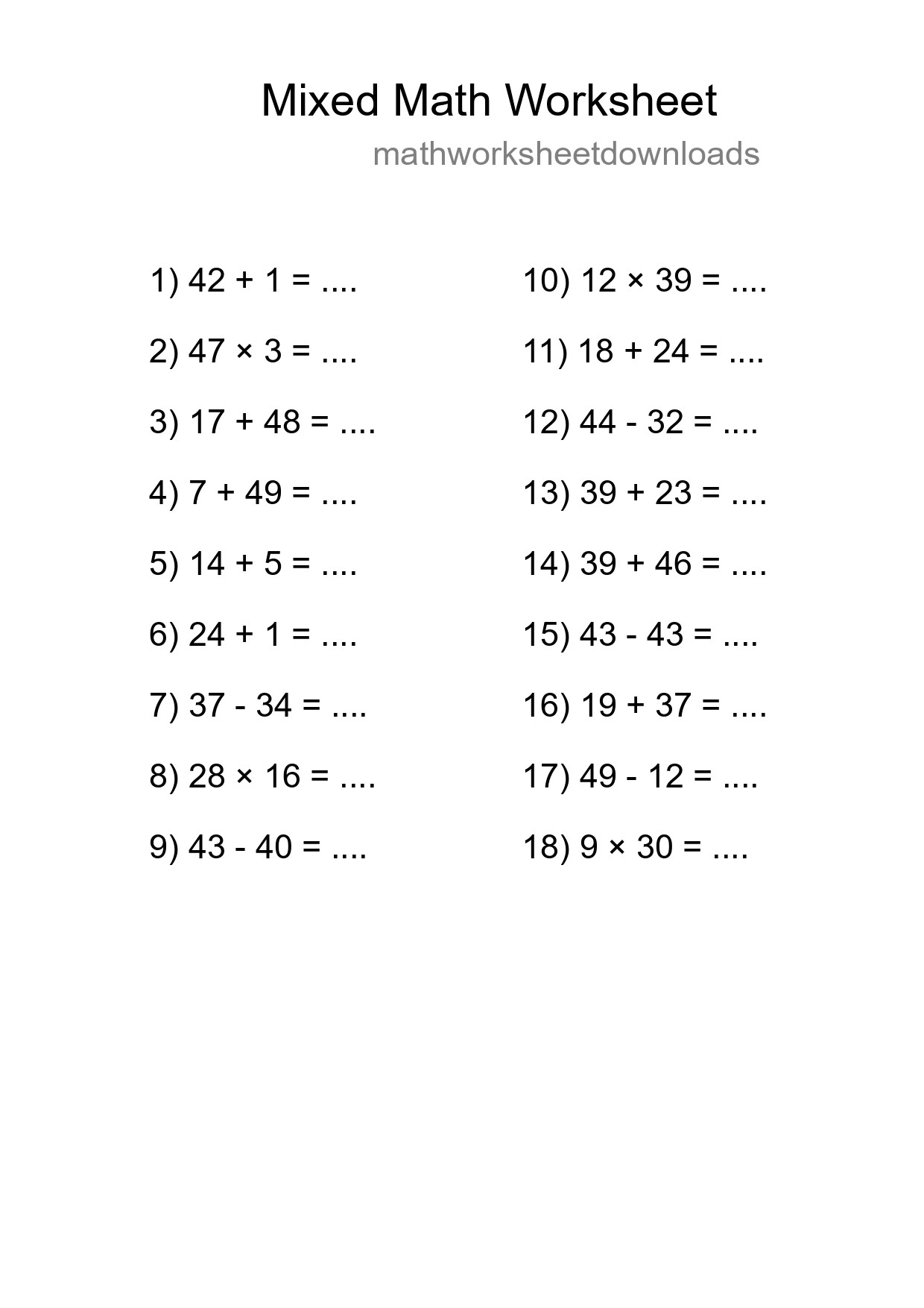 Mixed Operations Math Worksheet