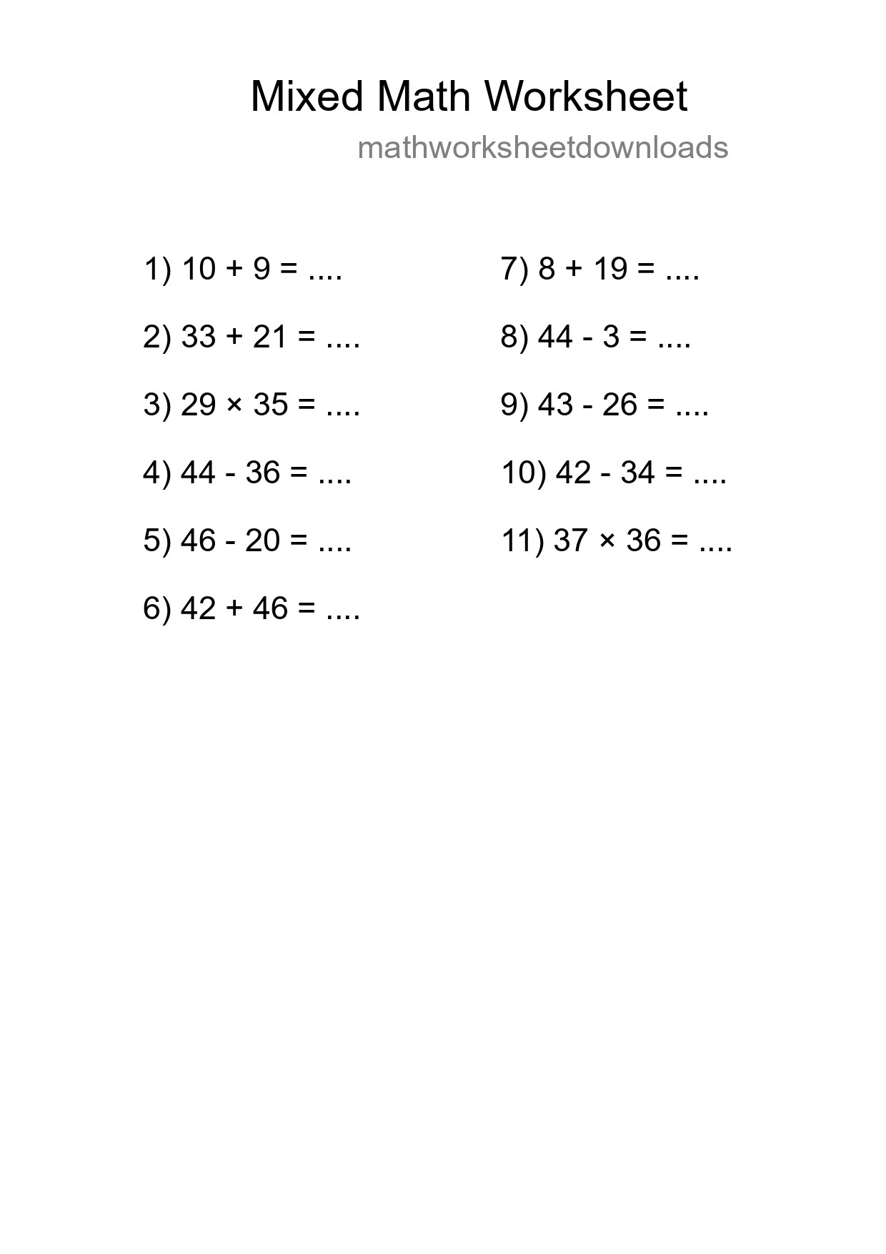 Mixed Operations Math Worksheet