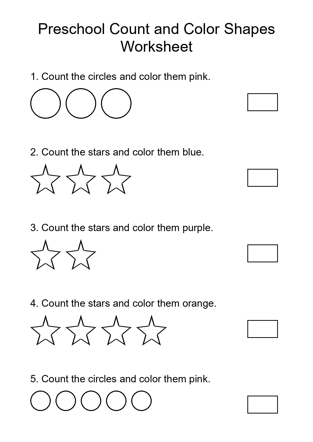 Preschool Count and Color Shapes Worksheet