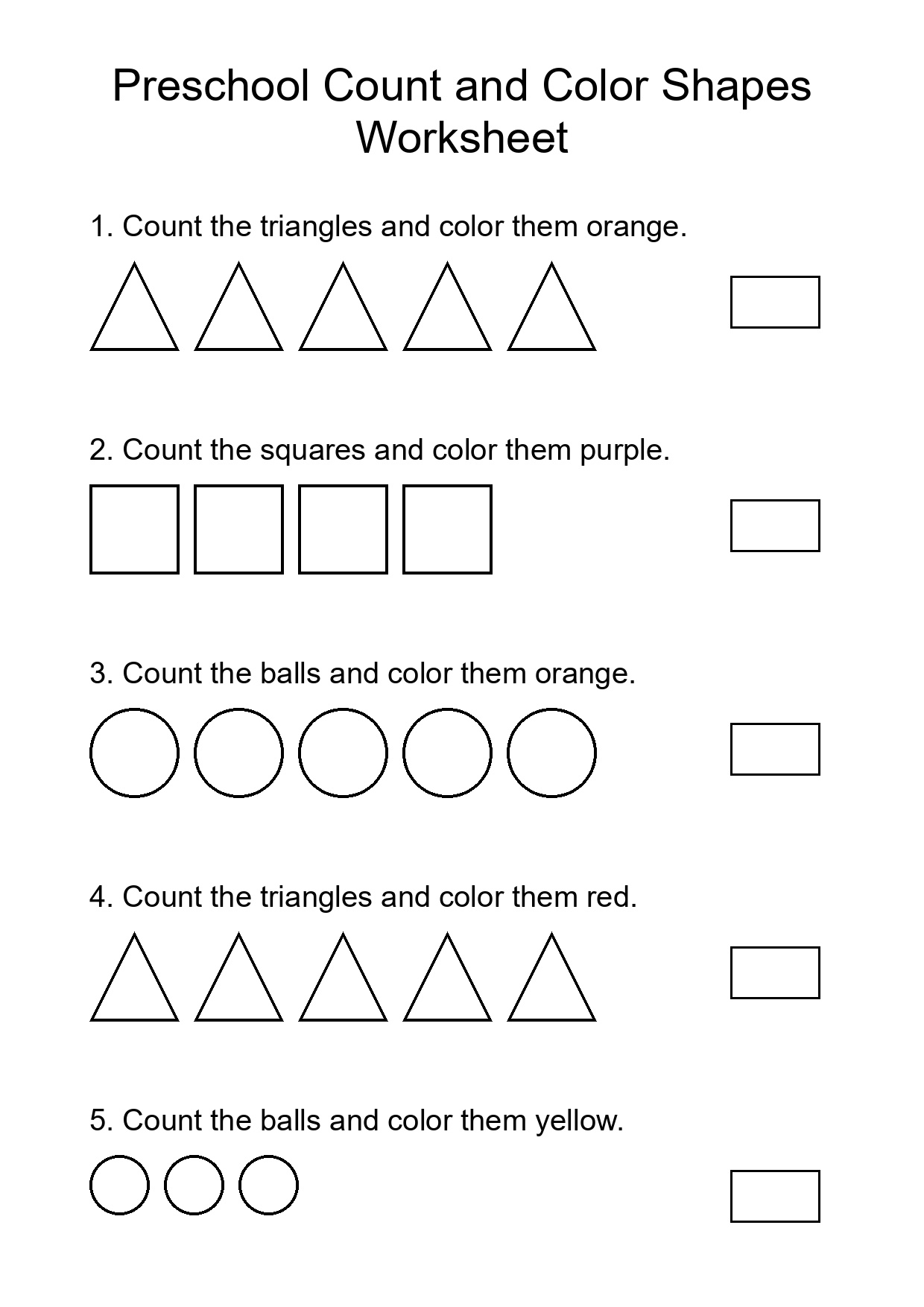Preschool Count and Color Shapes Worksheet