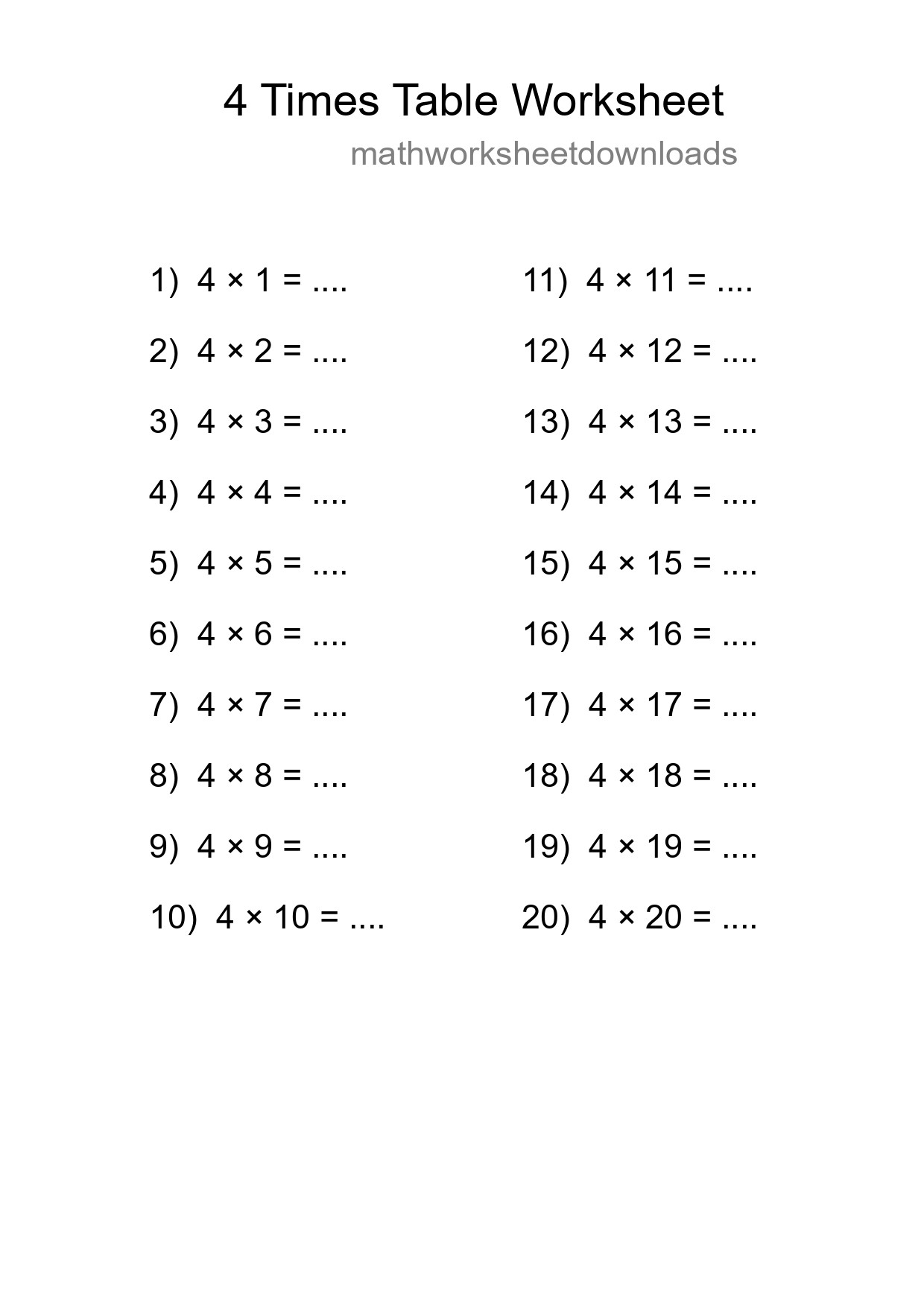 Printable 4 Times Table Worksheet For Grade 2 - Part 75